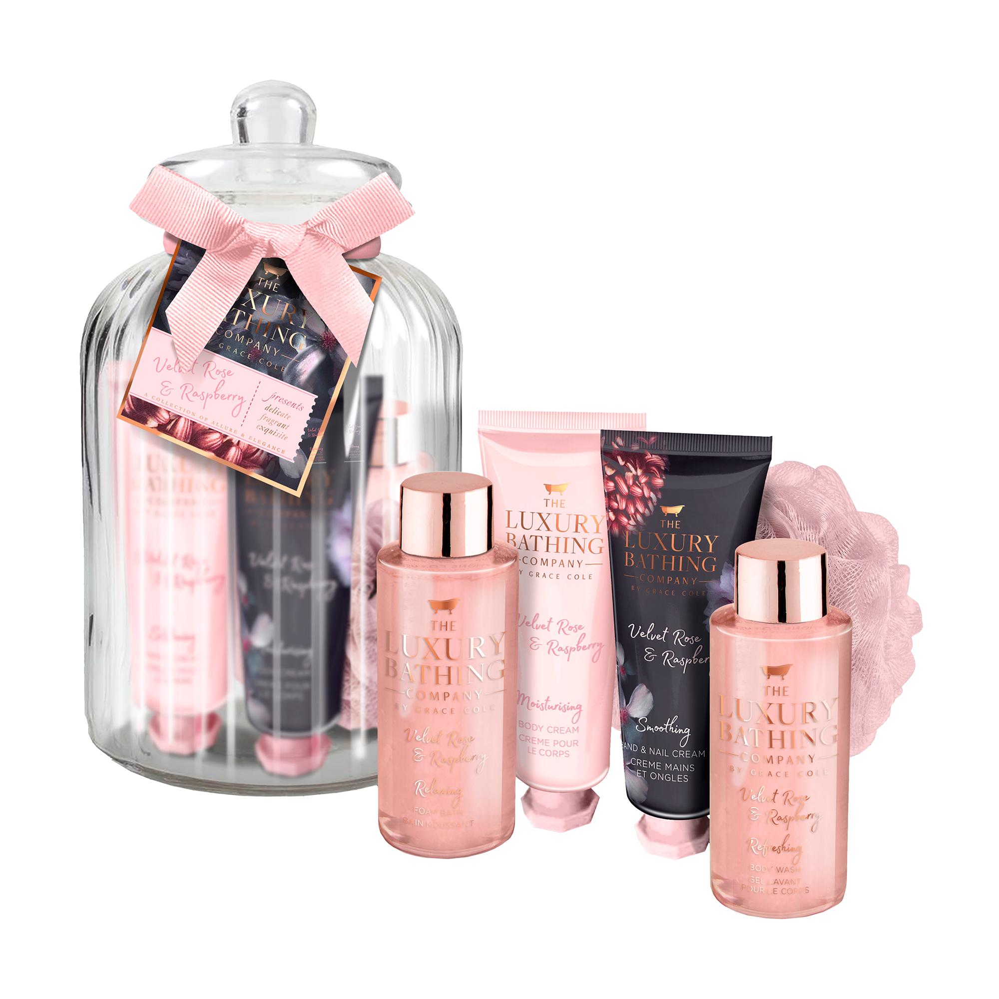 

Набір жіночий Grace Cole Velvet Rose & Raspberry Rich Pleasures (гель для душу 100 мл + піна для вани 100 мл + крем для тіла 50 мл + крем для рук 50 мл + мочалка) в склянній коробці