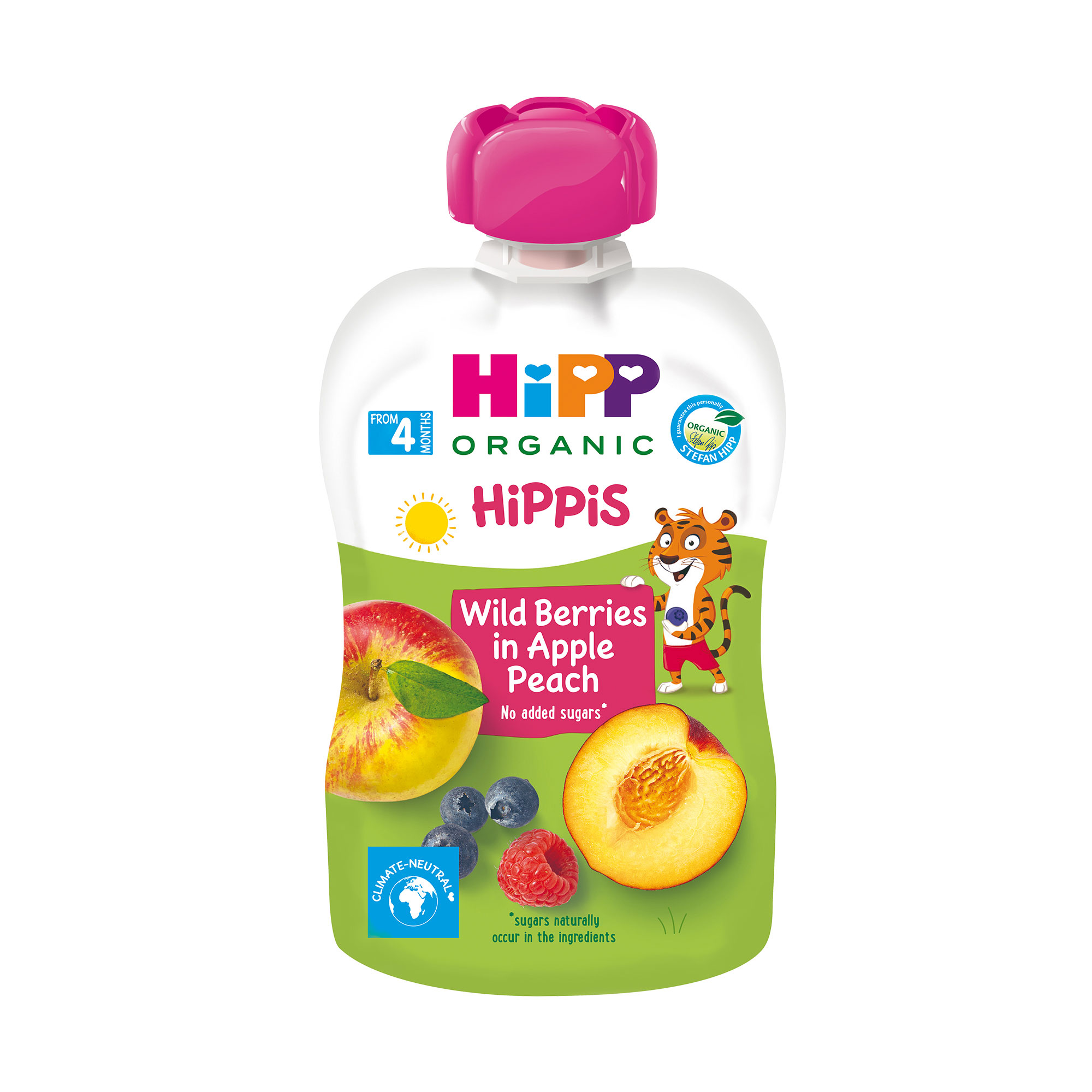 Дитяче фруктове пюре HiPP HiPPiS Яблуко-персик-чорниця-малина, з 4 місяців, 100 г (пауч)
