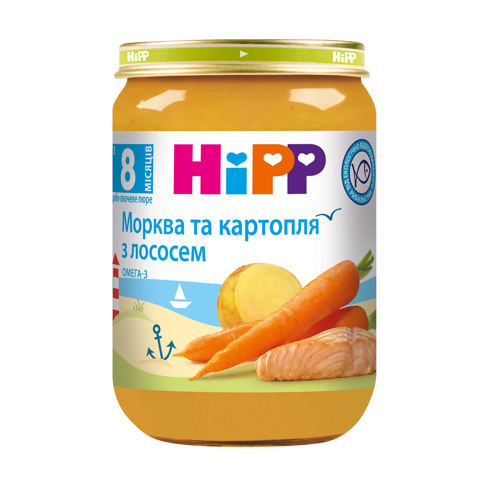 Дитяче рибо-овочеве пюре HiPP Морква та картопля з лососем, з 8 місяців, 190 г
