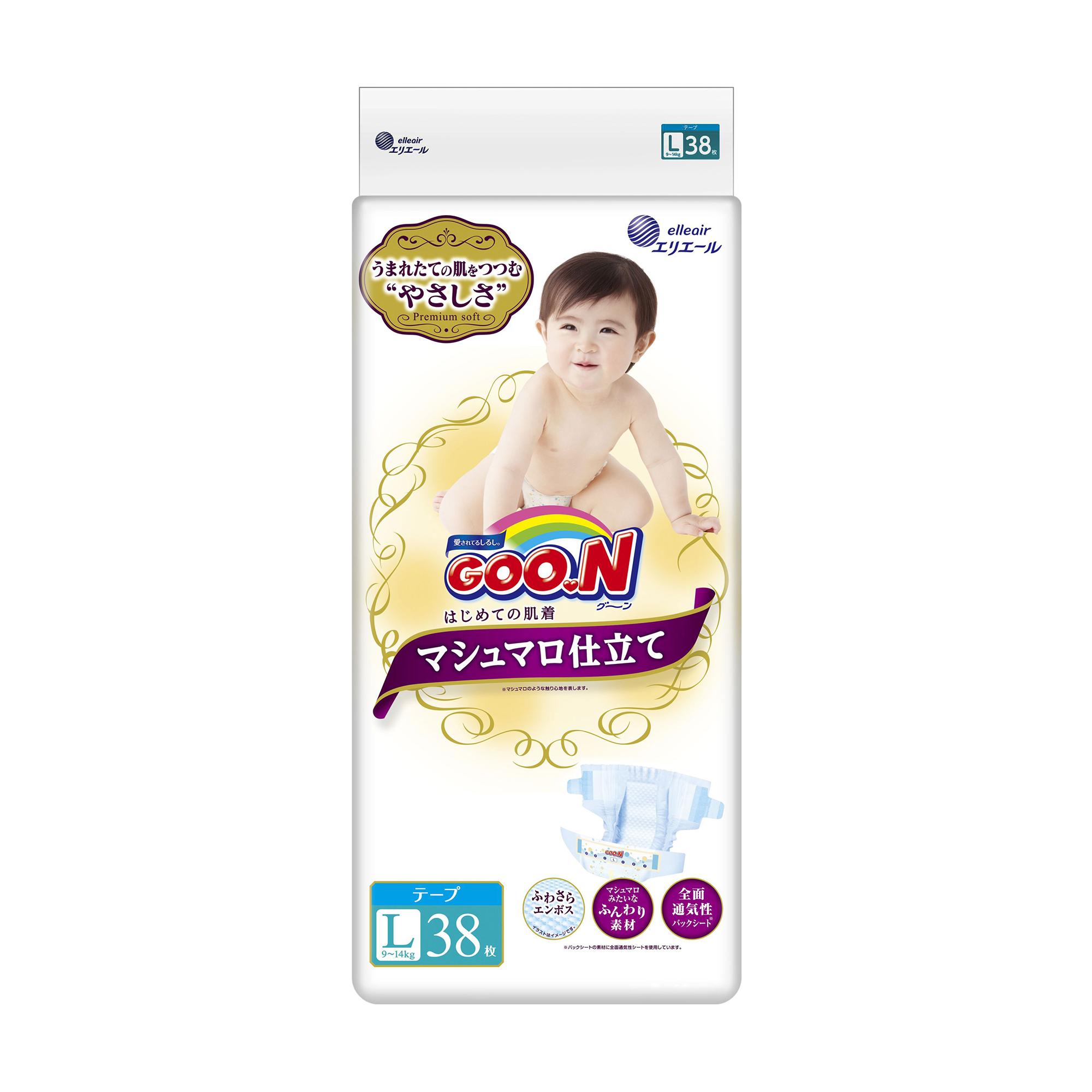 

Підгузки Goo.N Super Premium Marshmallow розмір L, 9-14 кг, 38 шт