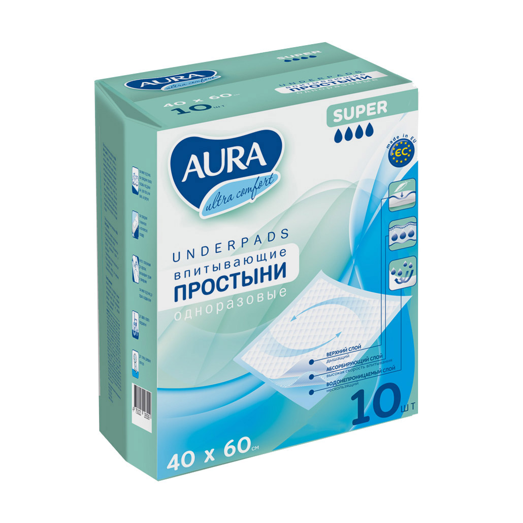 

Одноразові простирадла гігієнічні Aura Ultra Comfort 40*60 см, 10 шт