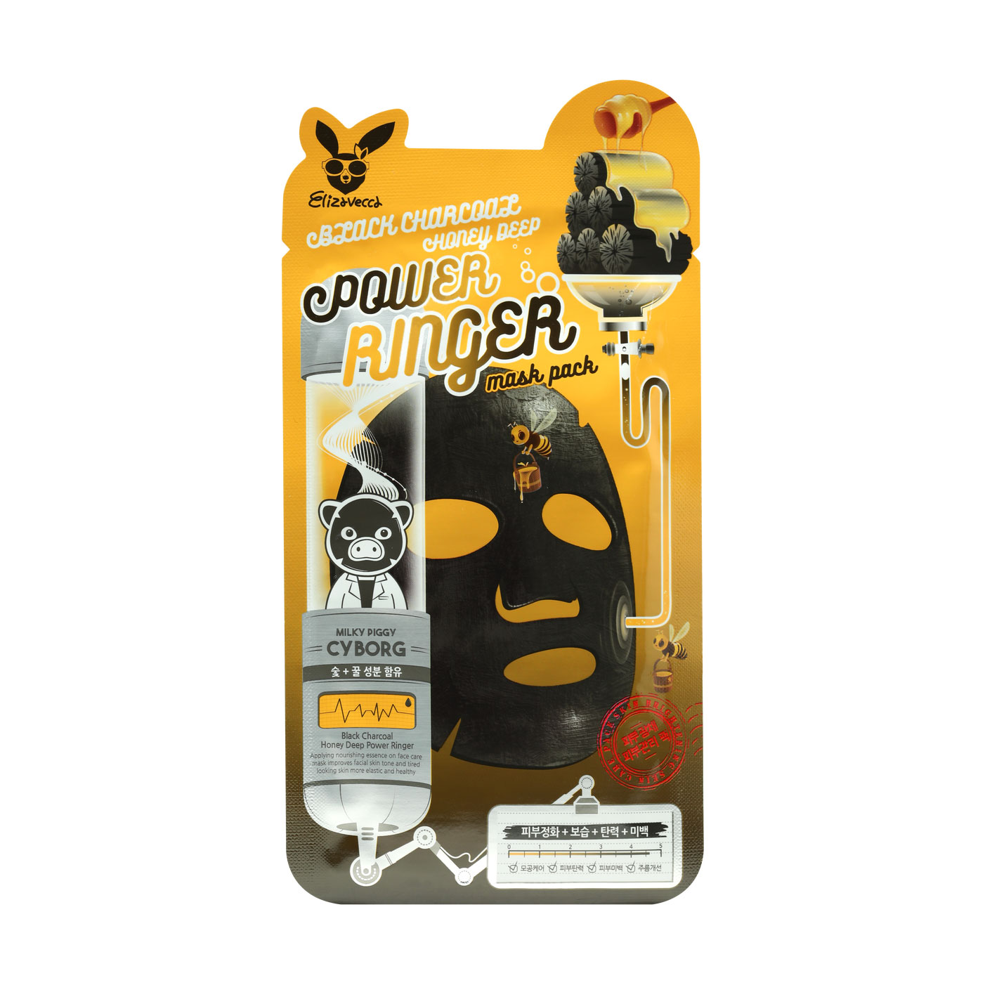 

Уцінка! Тканинна маска для обличчя Elizavecca Milky Piggy Cyborg Black Charcoal Honey Deep Power Ringer Mask Pack, 23 мл