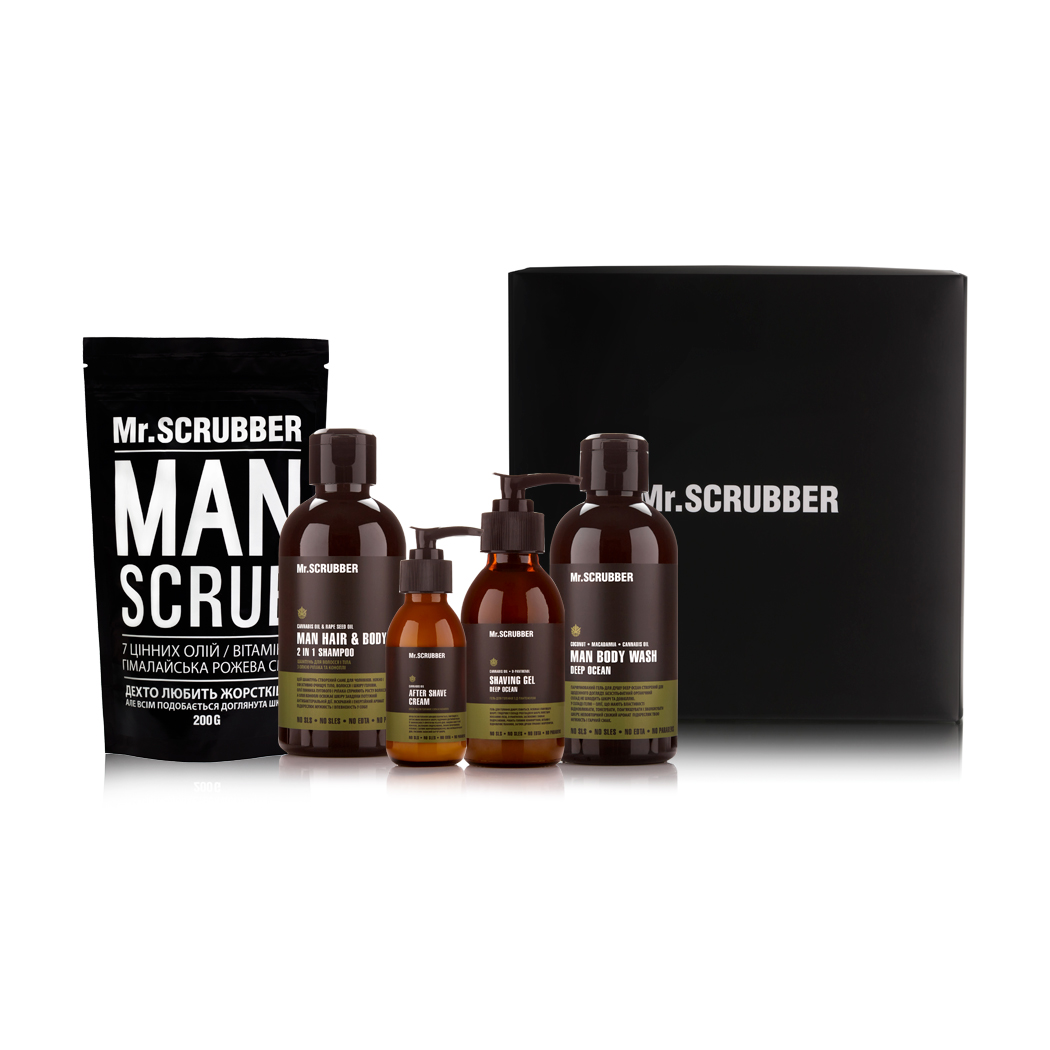 

Уцінка! Набір Mr.Scrubber Man (кавовий скраб для тіла, 200 г + крем після гоління, 100 мл + шампунь для волосся і тіла, 250 мл + парфумований чоловічий гель для душу, 250 мл + гель для гоління, 125 мл)