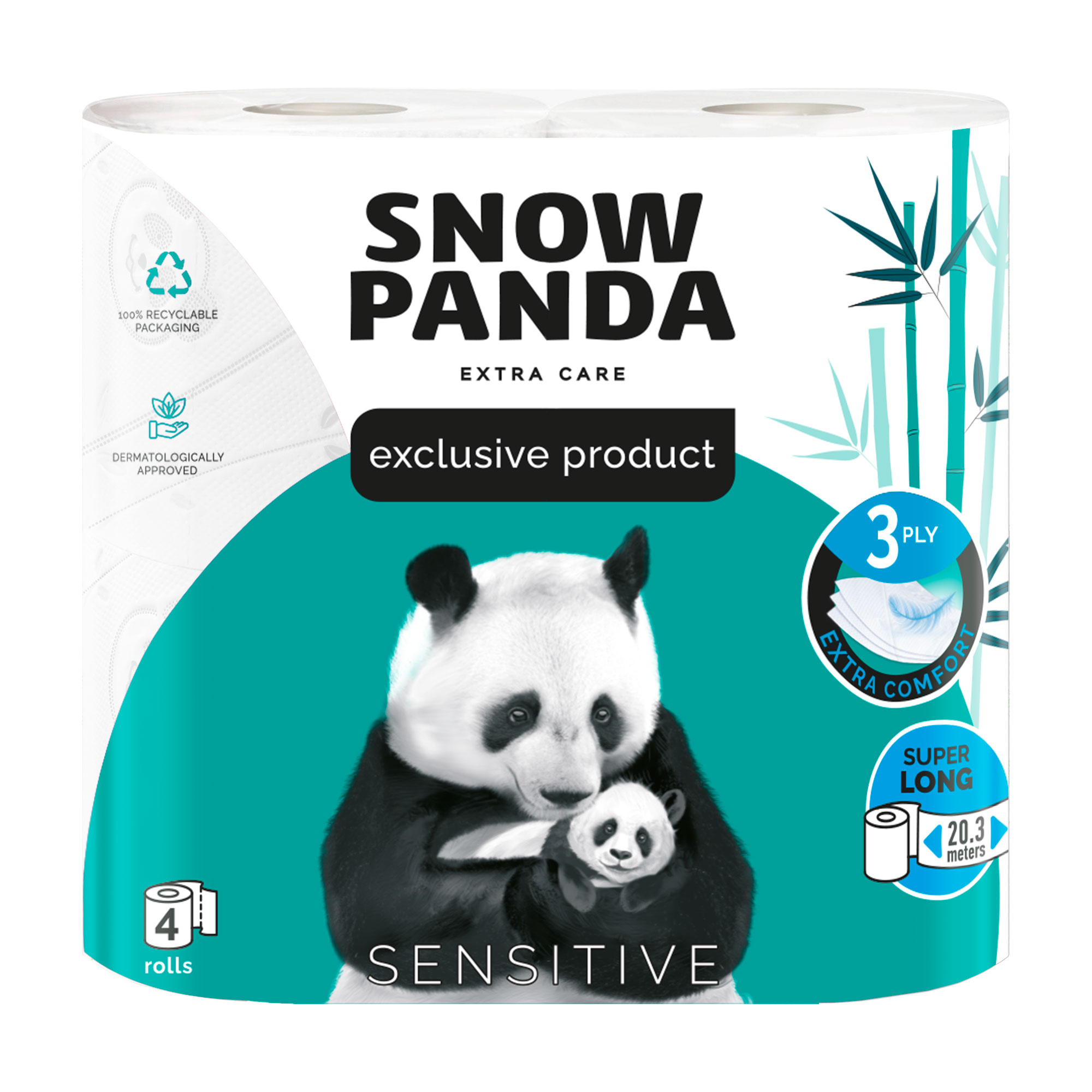 

Туалетний папір Сніжна Панда Extra Care Sensitive Super Long білий, 3-шаровий, 160 відривів, 4 рулони