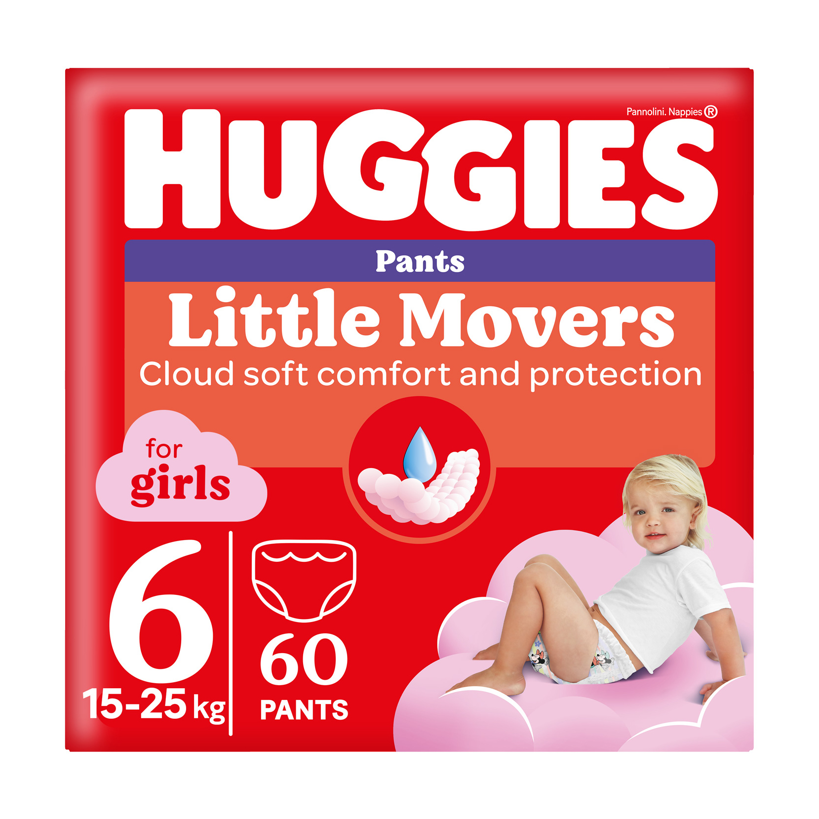 

Підгузки-трусики Huggies Little Movers Pants для дівчаток, розмір 6 (15-25 кг), 60 шт
