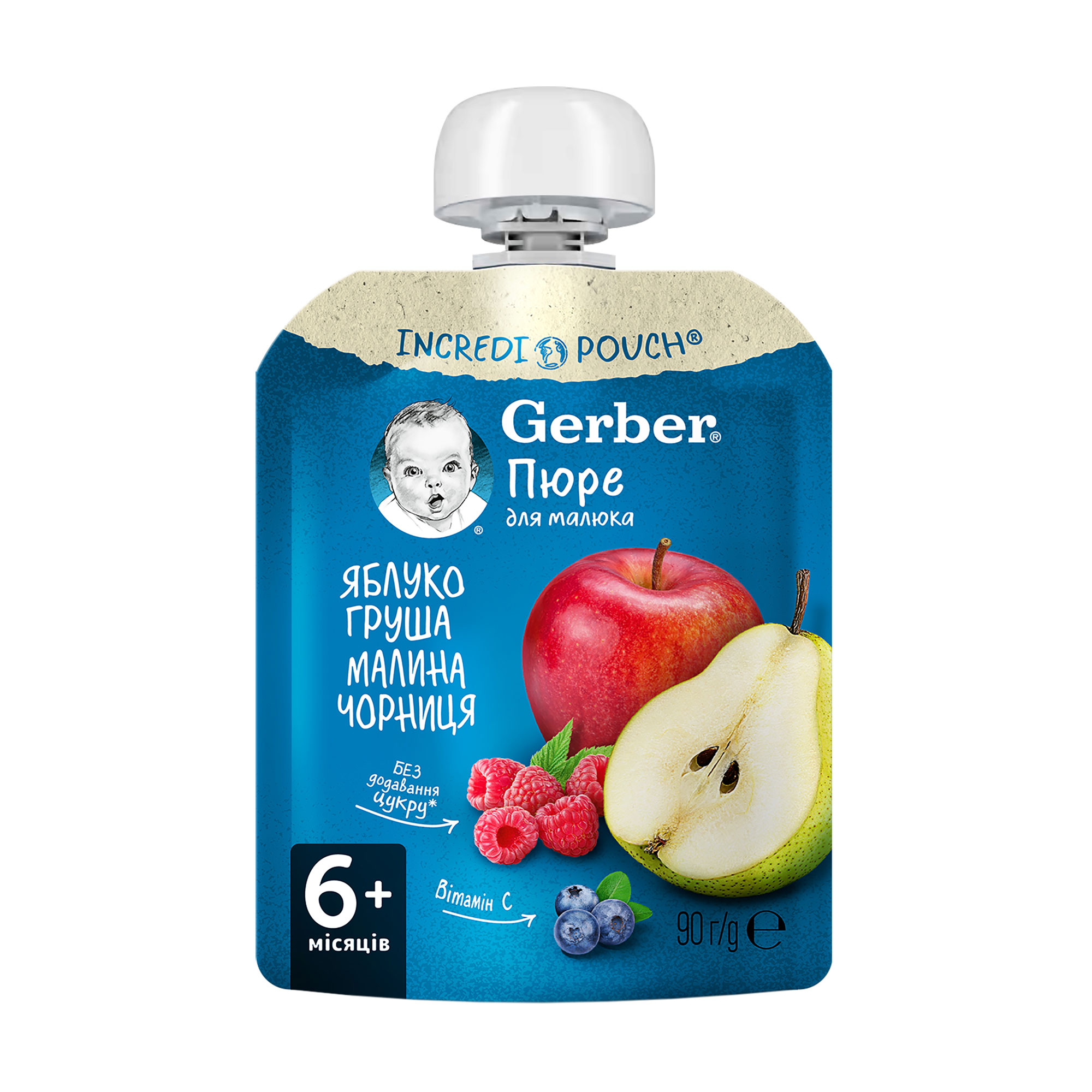

Дитяче фруктове пюре Gerber Яблуко, груша, малина, чорниця, з 6 місяців, 90 г (пауч)