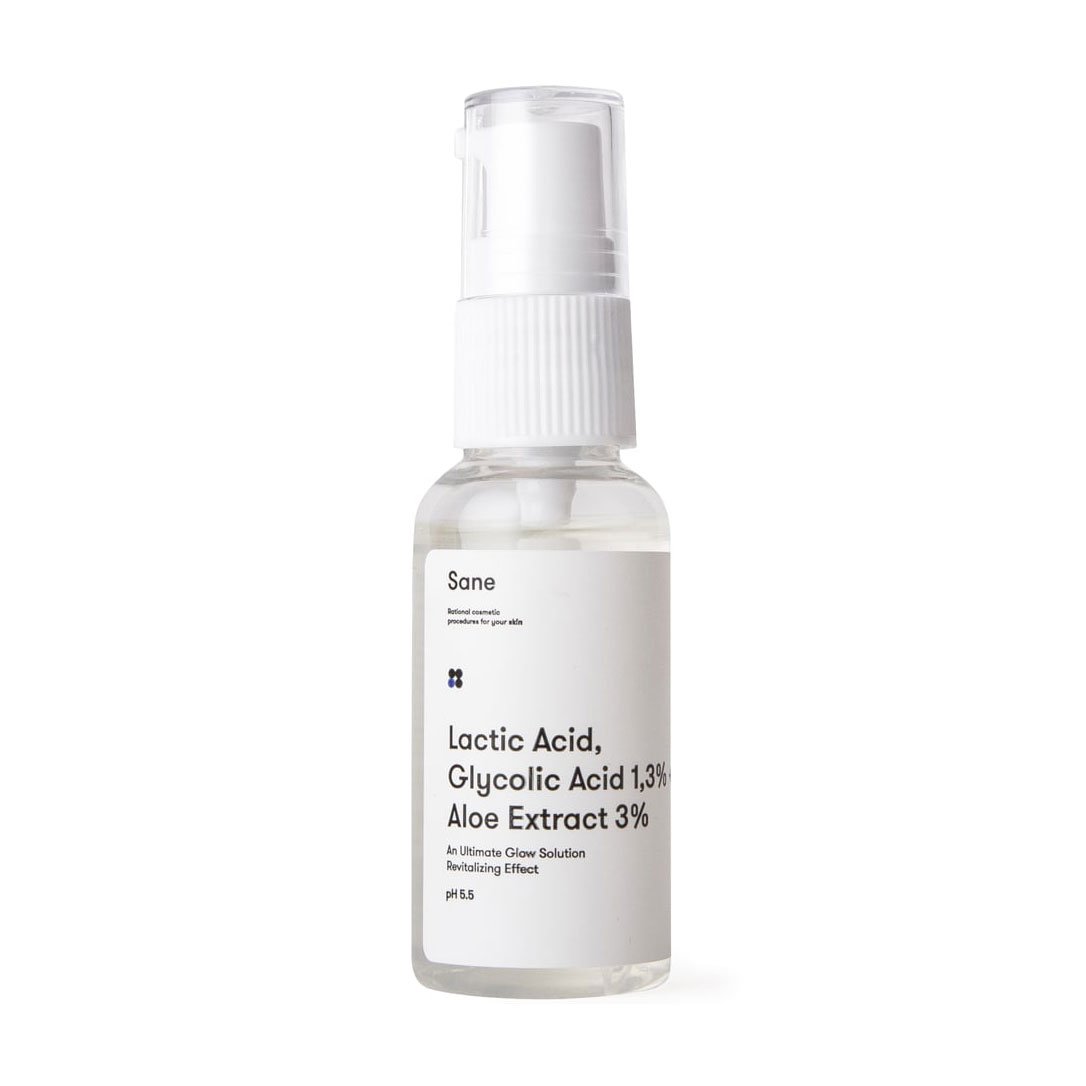 

Уцінка! Сироватка для обличчя Sane Lactic Acid Glycolic Acid 1.3% + Aloe Extract 3% з молочною та гліколевою кислотою, 30 мл