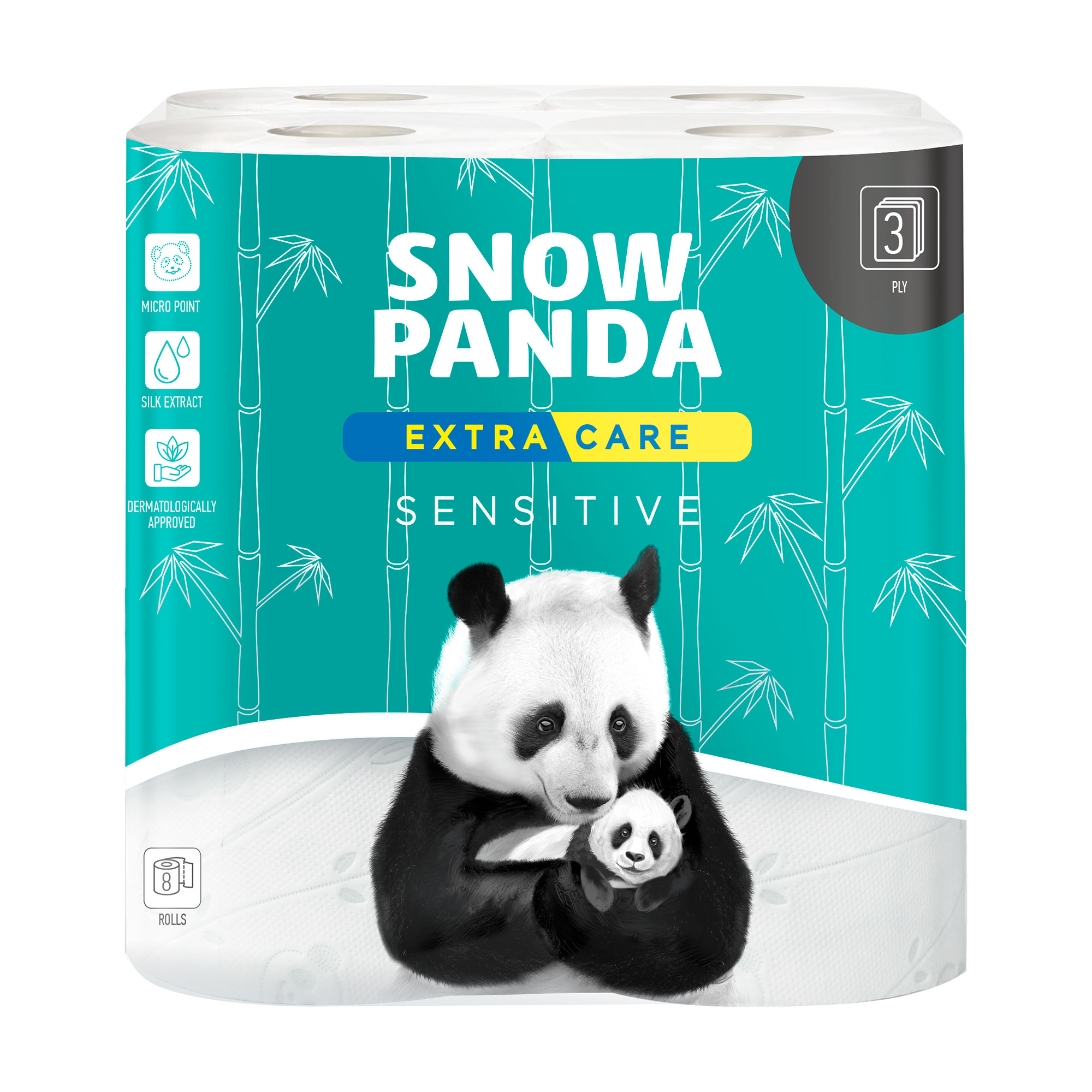 

Туалетний папір Сніжна Панда Extra Care Sensitive білий, 3-шаровий, 150 відривів, 8 рулонів