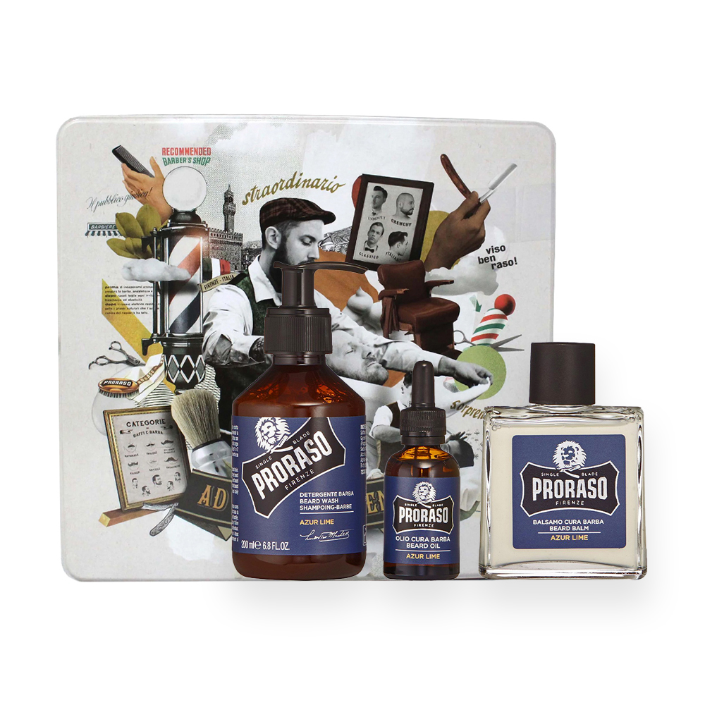 

Подарунковий набір для догляду за бородою Proraso колекція Azur Lime у металевій коробці, 3 предмети