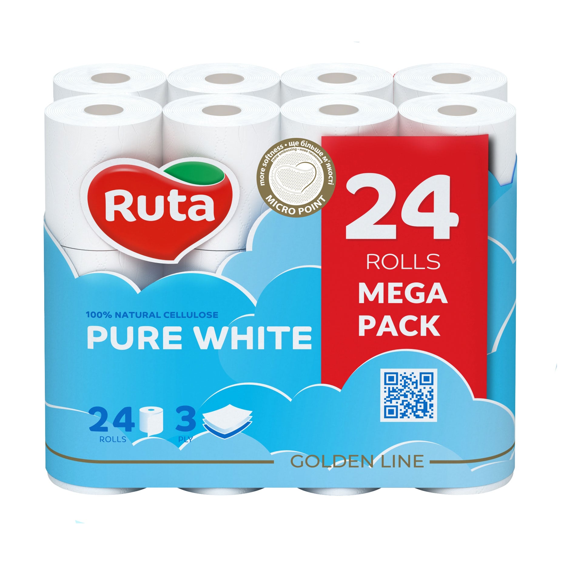 

Туалетний папір RUTA Pure White білий, 3-шаровий, 150 відривів, 24 рулони