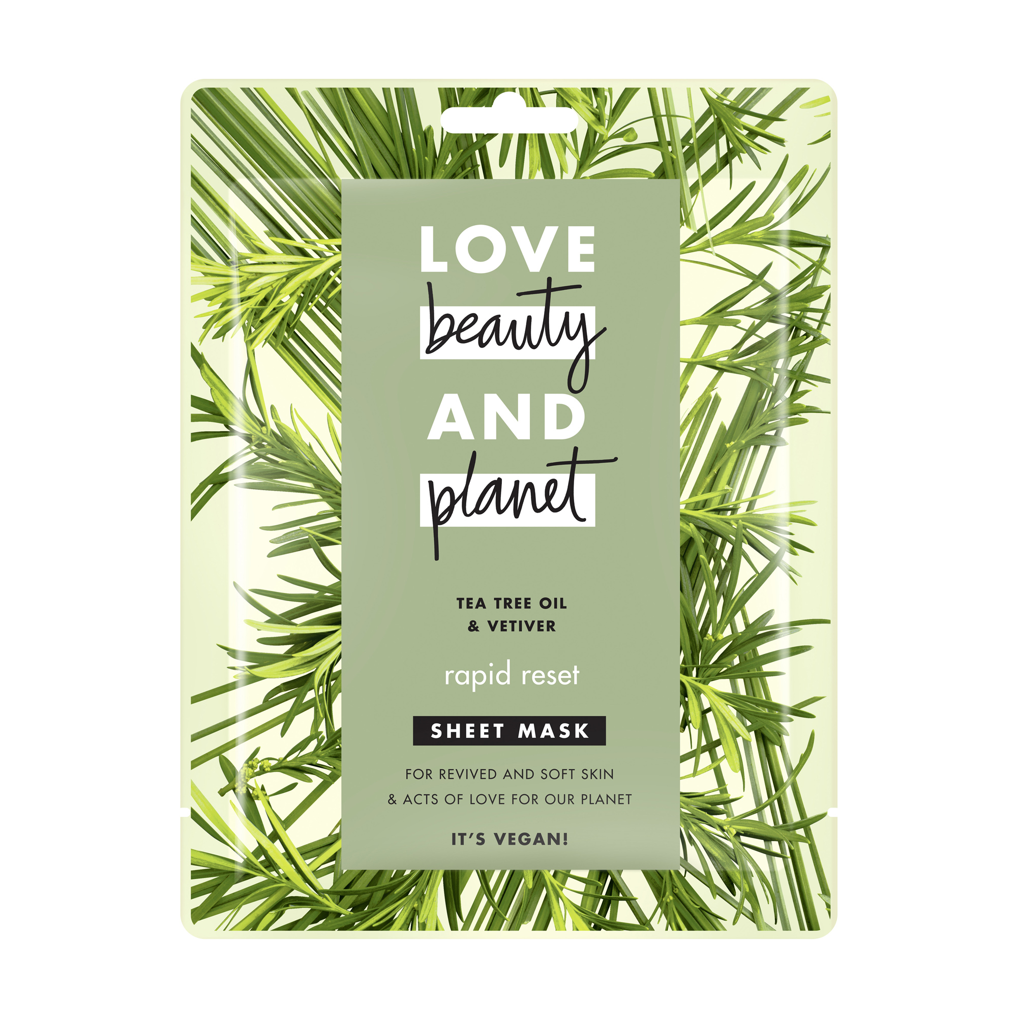 

Тканинна маска для обличчя Love Beauty and Planet Швидке перезавантаження, олія чайного дерева та ветивер, 29.7 г