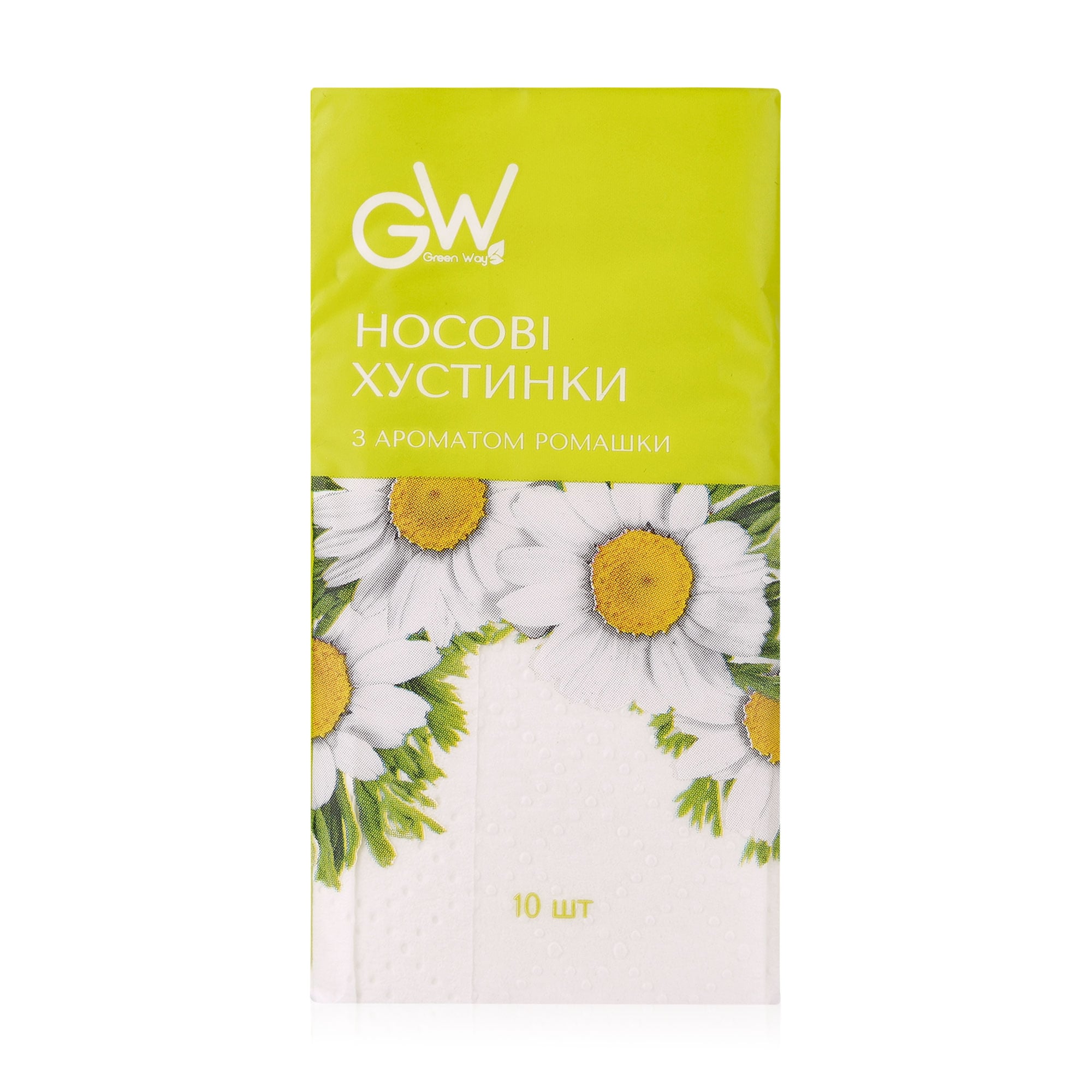 

Паперові носові хустинки Green Way ФітоЛінія з ароматом ромашки, 3-шарові, 10 шт