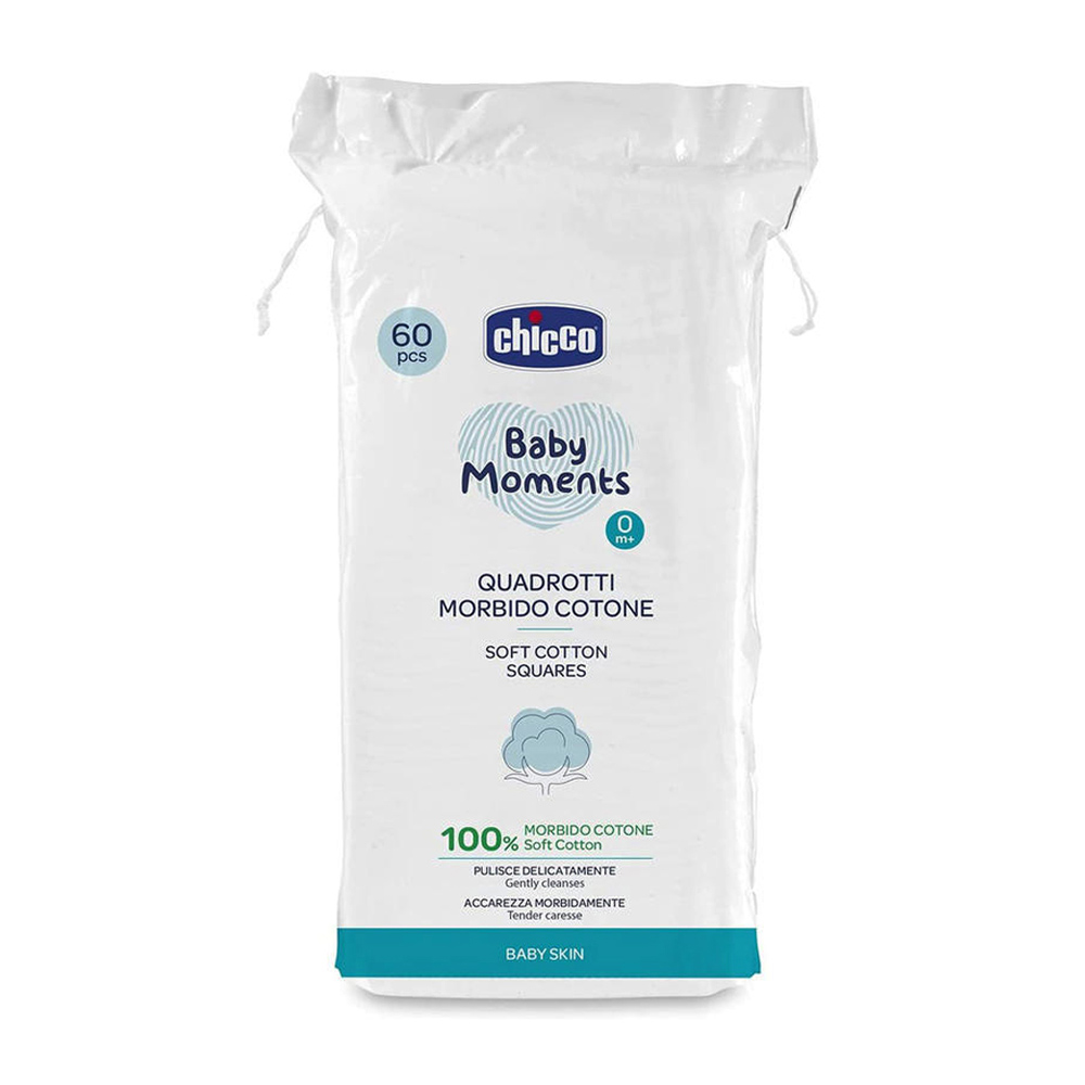 

М'які бавовняні серветки Chicco Baby Moments Soft Cotton Squares, 60 шт
