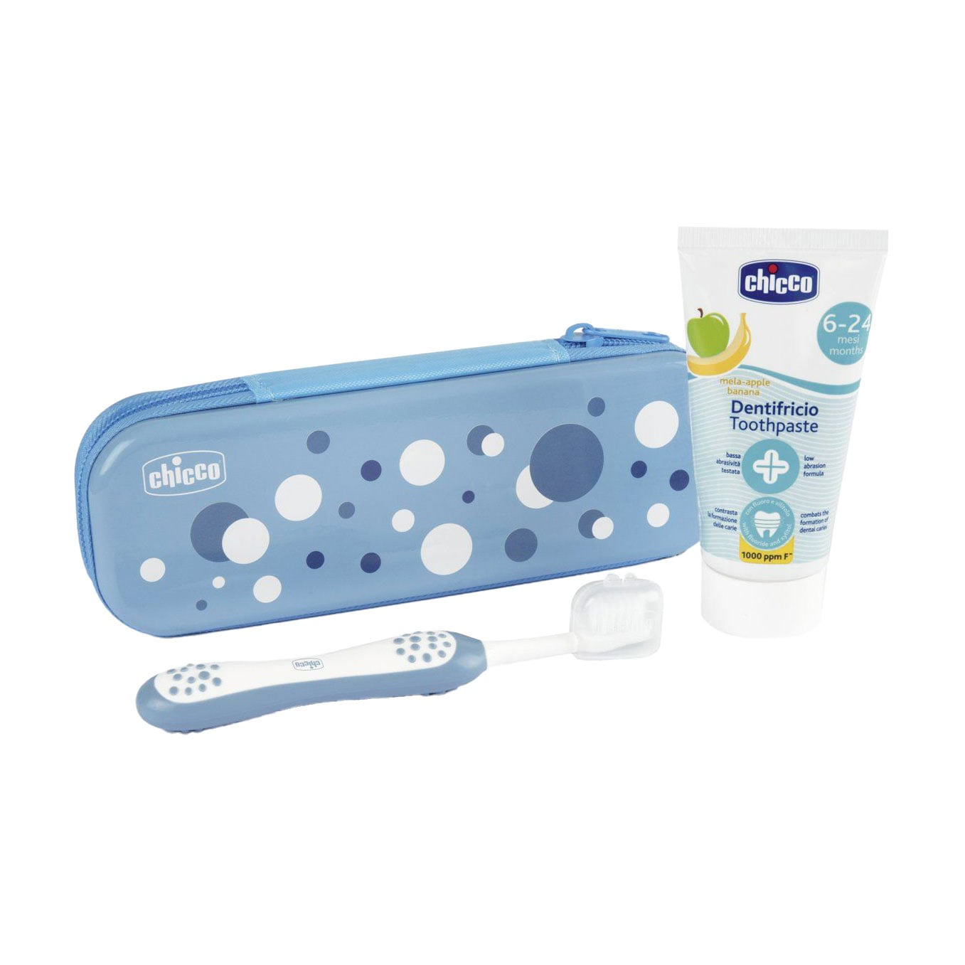 Дитячий дорожній набор Chicco Primi Dentini Set блакитний (зубна щітка + зубна паста + футляр)