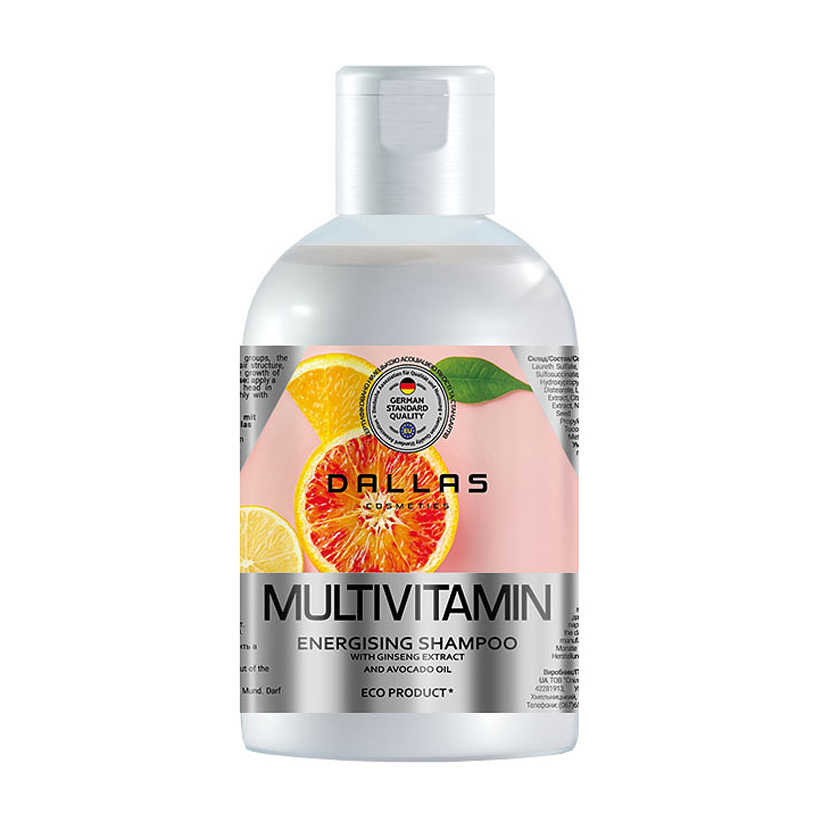 

Енергетичний шампунь Dallas Cosmetics Multivitamin Energising Shampoo з екстрактом женьшеню та олією авокадо, 1 л