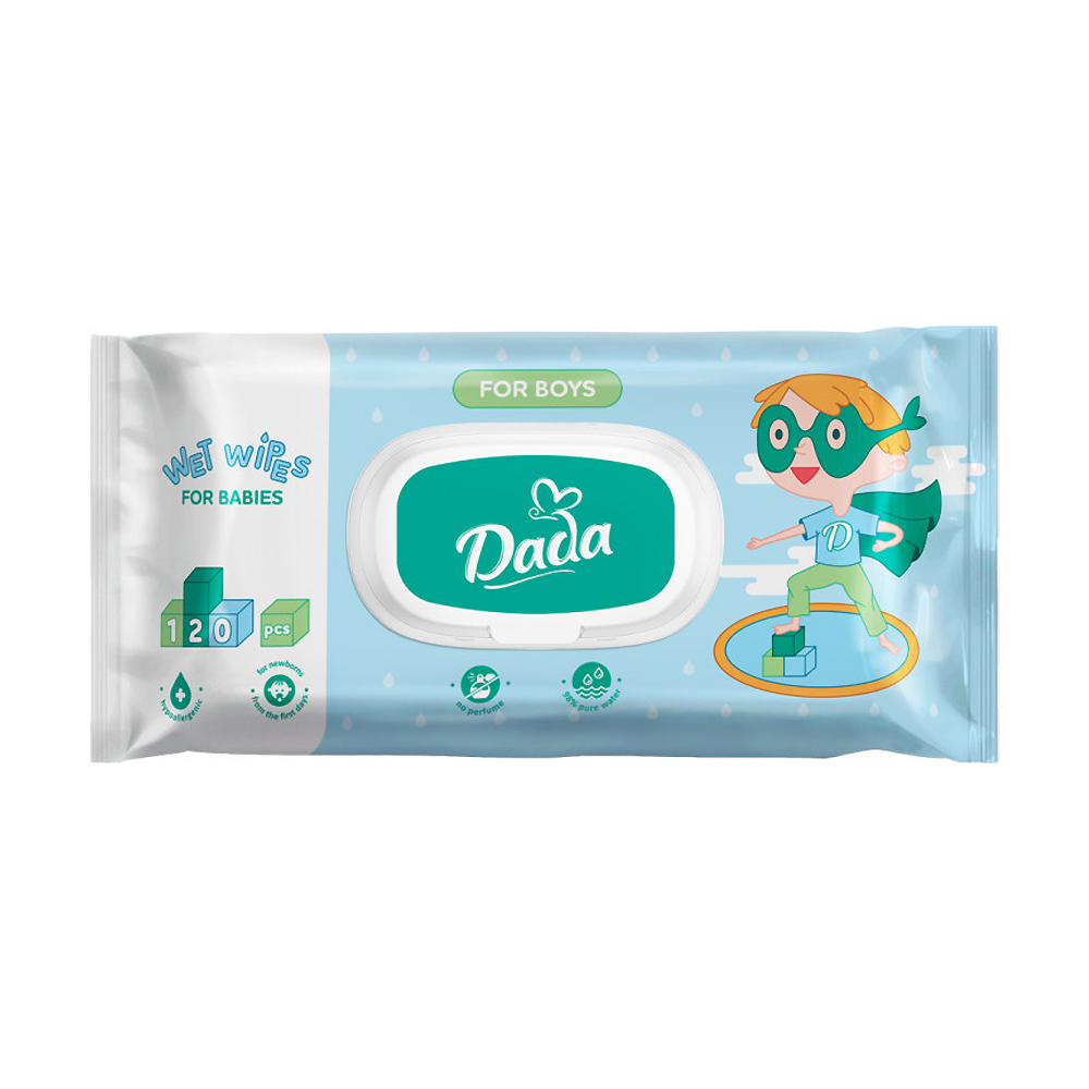 

Уцінка! Дитячі вологі серветки Dada для хлопчіків, без запаху, з клапаном, 120 шт