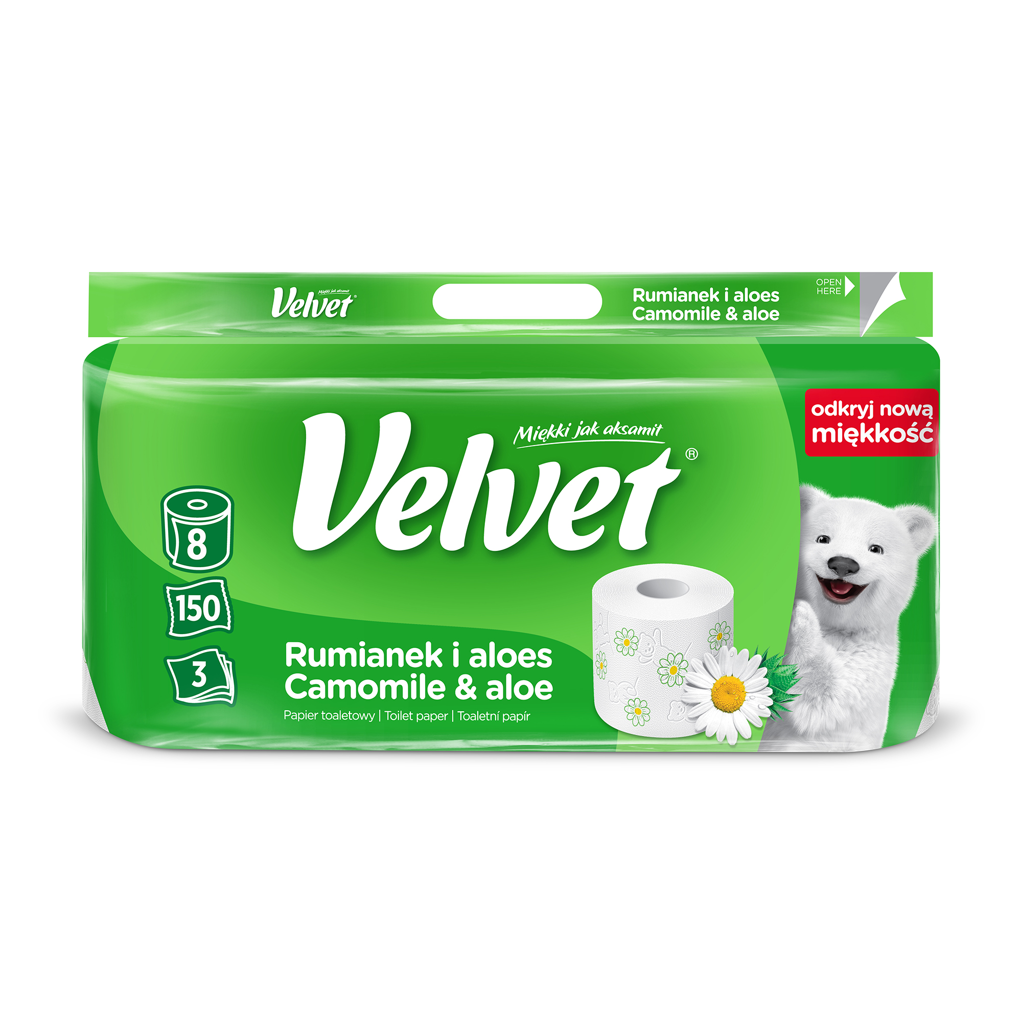 Туалетний папір Veltie Velvet Ромашка та алое, білий, 3 шари, 150 відривів, 8 шт