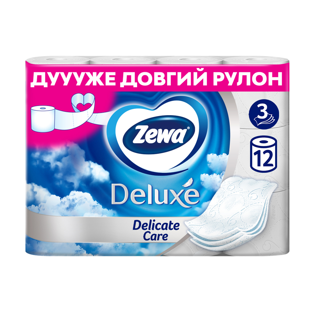 

Туалетний папір Zewa Deluxe білий, 3-шаровий, 150 відривів, 12 рулонів