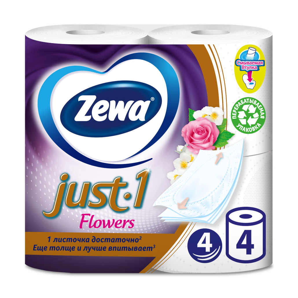 

Туалетний папір Zewa Just 1 Flowers з ароматом квітів, 4-шаровий, 90 відривів, 4 шт