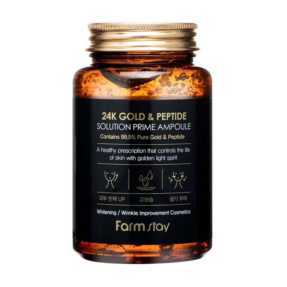 

Антивікова ампульна сироватка для обличчя FarmStay 24K Gold & Peptide Solution Prime Ampoule з 24-х каратним золотом та пептидами, 250 мл