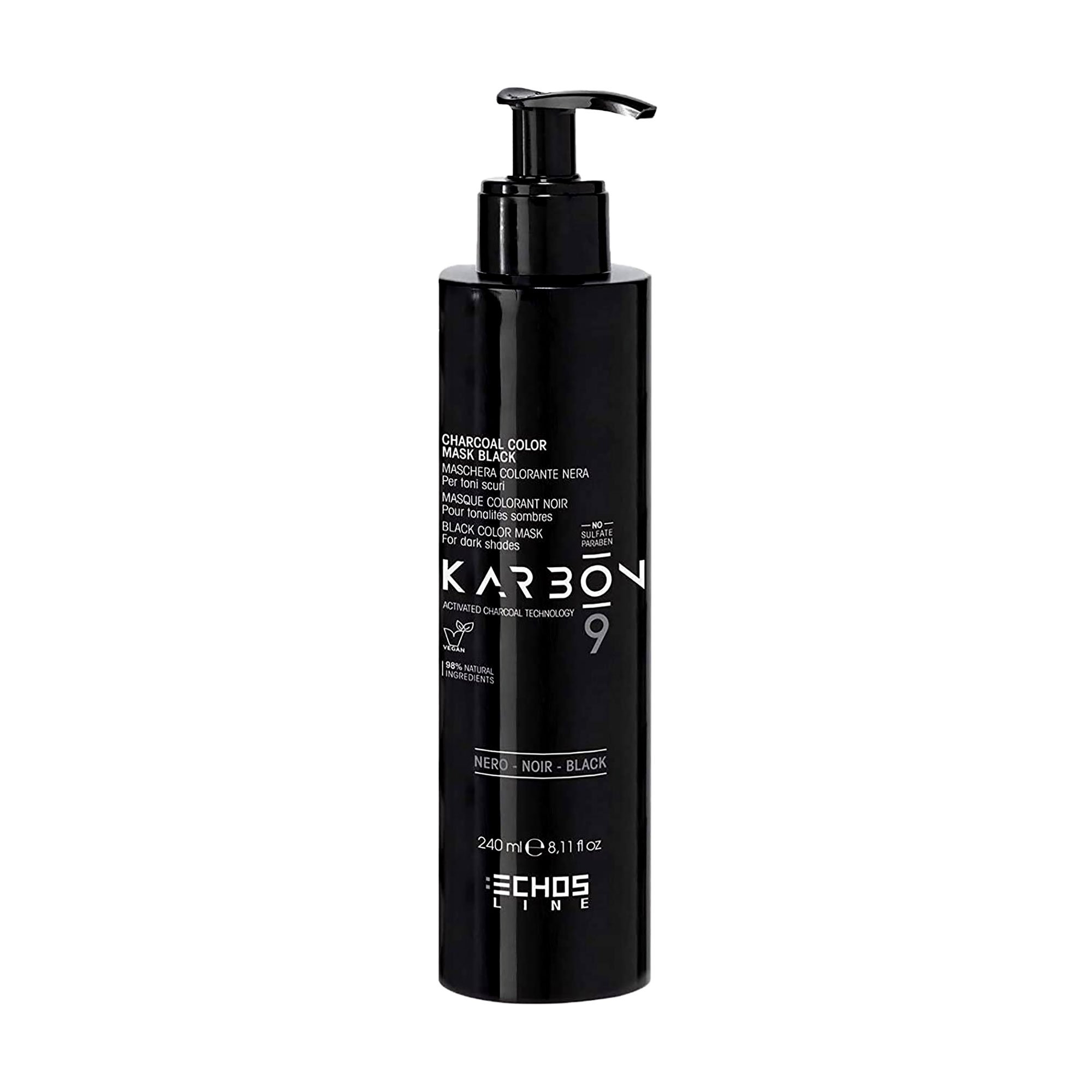 

Чорна фарбувальна маска для волосся Echosline Karbon 9 Charcoal Color Mask Black для темних тонів, з активованим вугіллям, 240 мл