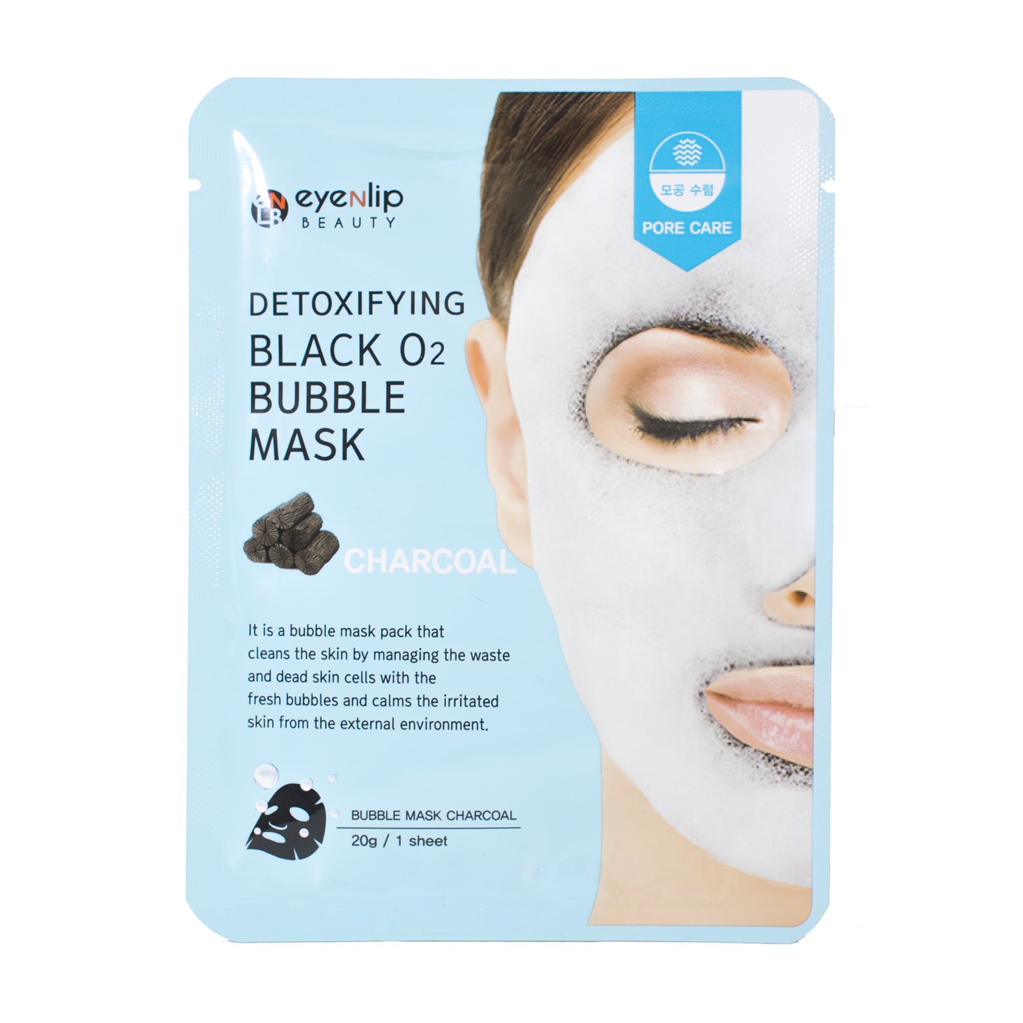 

Уцінка! Киснева тканинна маска для обличчя Eyenlip Detoxifying Black O2 Bubble Mask Charcoal з деревним вугіллям, 20 г