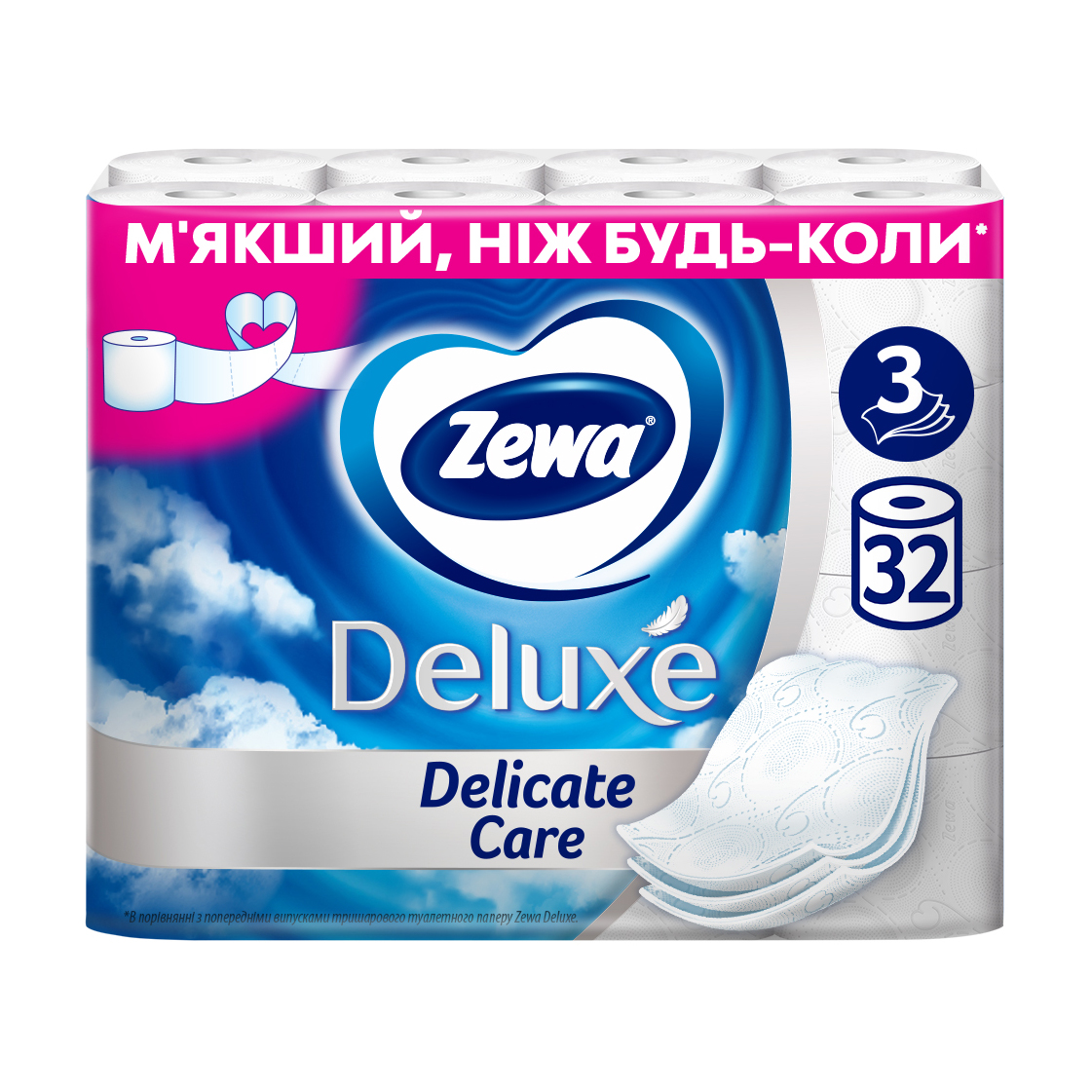 

Туалетний папір Zewa Deluxe білий, 3-шаровий, 150 відривів, 32 рулони