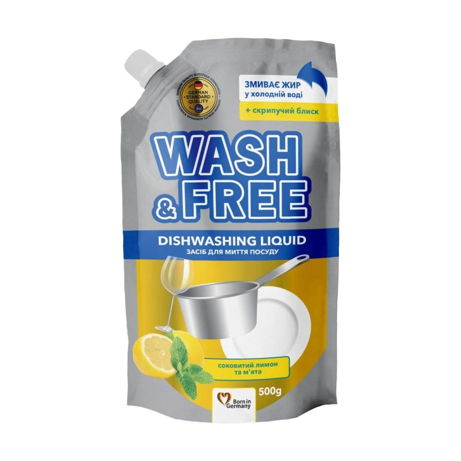 Засіб для миття посуду Wash & Free лимон та м’ята, дойпак, 500 г