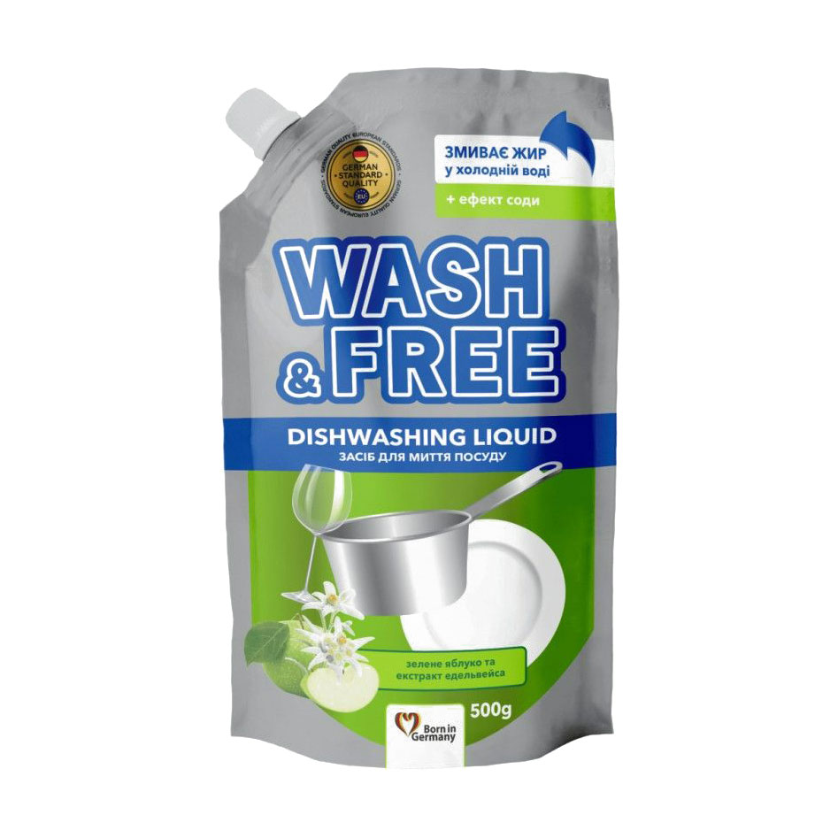 Засіб для миття посуду Wash & Free зелене яблуко та екстракт едельвейса, дойпак, 500 г