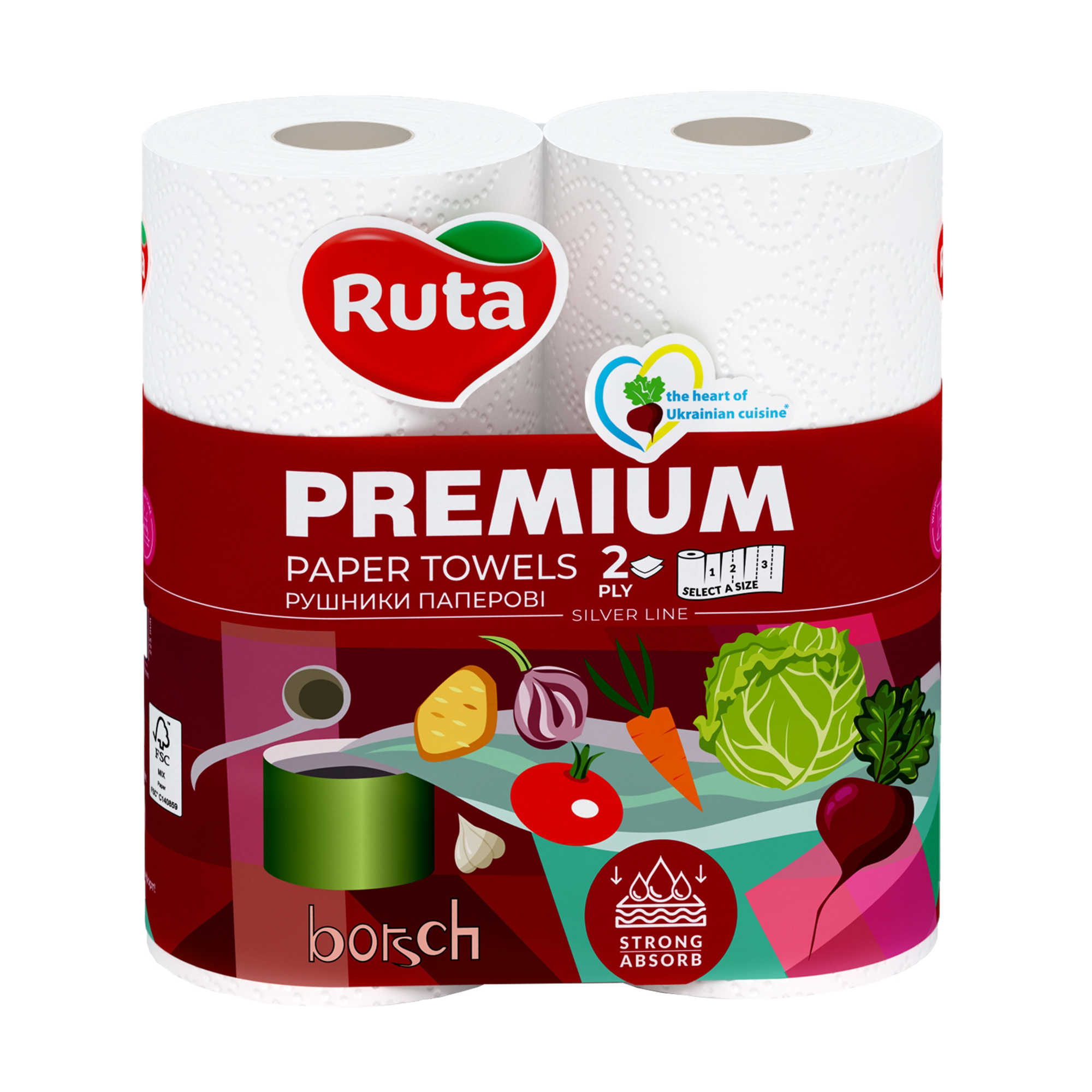 

Паперові рушники RUTA Premium білі, 2-шарові, 120 відривів, 2 рулони