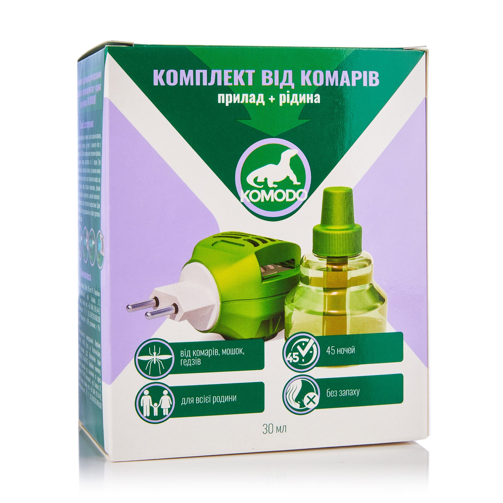 

Електрофумігатор з рідиной проти літаючих комах Komodo Для всієї родини, 45 ночей, 30 мл