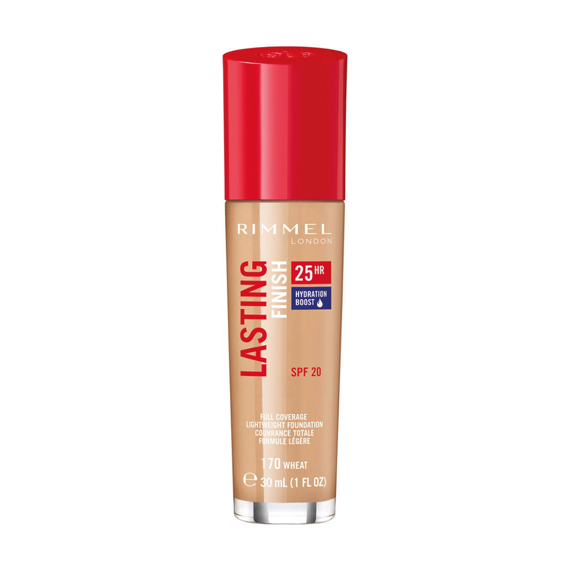 

Уцінка! Тональна основа для обличчя Rimmel Lasting Finish 25HR Hydration Boost Foundation SPF 20, 170 Wheat, 30 мл