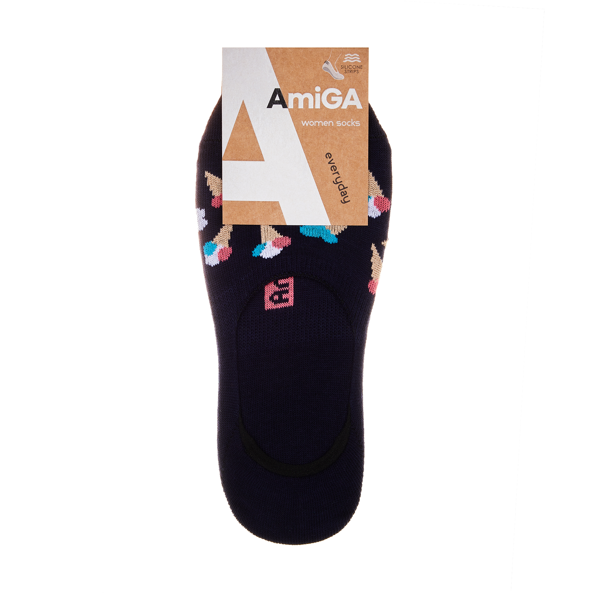 

Шкарпетки-сліди жіночі AmiGA SS21 темно-сині, принт морозиво, розмір 25