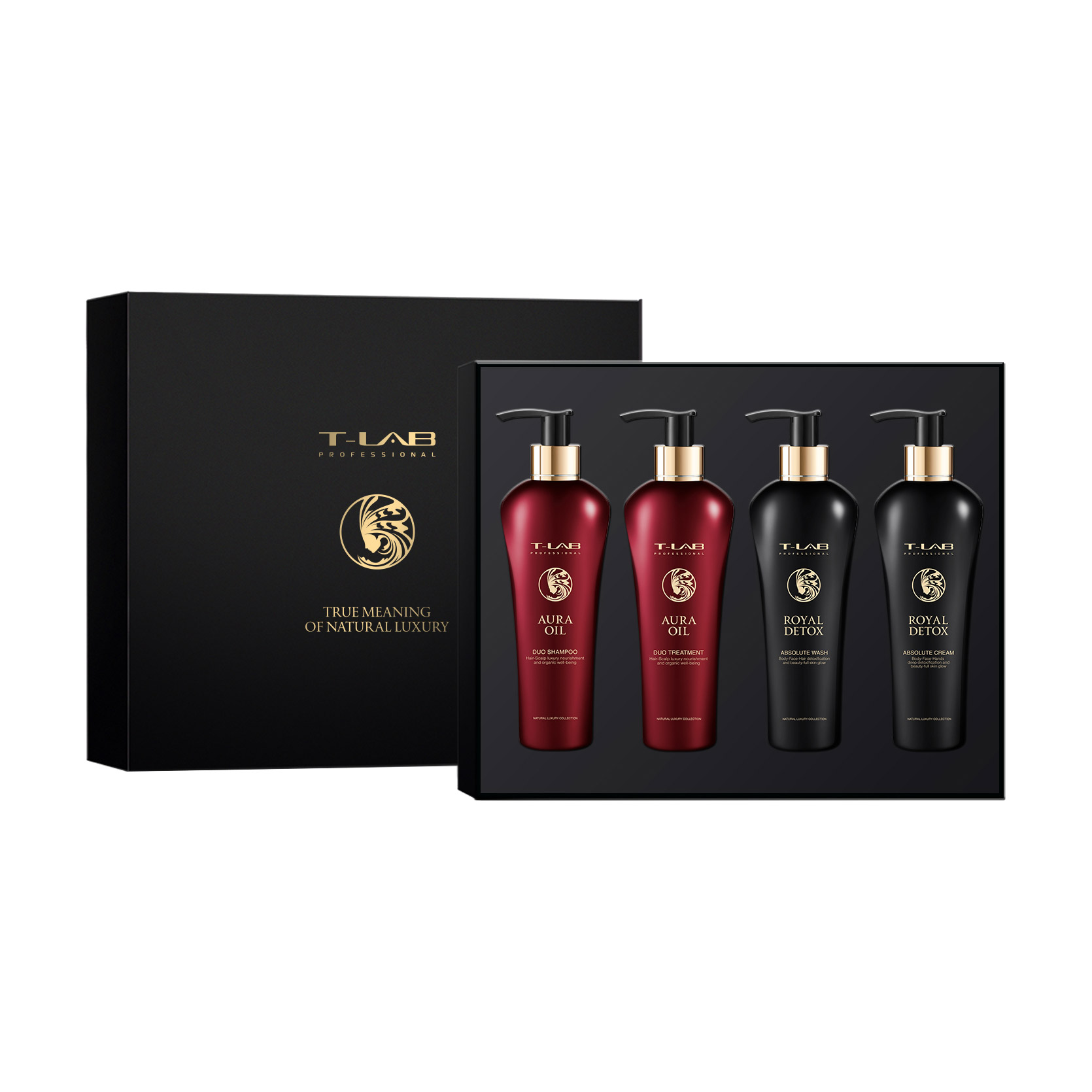 

Уцінка! Набір для волосся та тіла T-LAB Professional Royal Detox + Aura Oil, 4 предмети