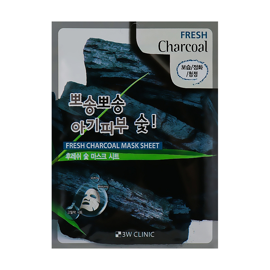 

Тканинна маска для обличчя 3W Clinic Fresh Charcoal Mask Sheet з деревним вугіллям, 1 шт