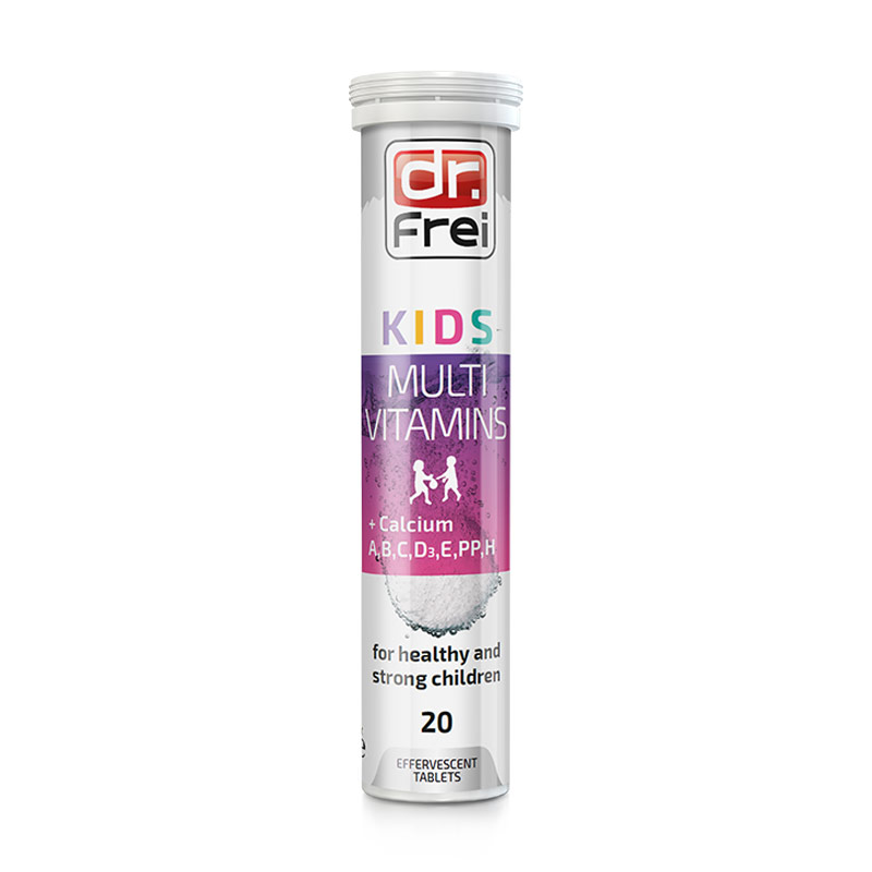 

Уцінка! Мультивітаміни Dr. Frei Kids Multivitamins + Кальцій А, В, С, D3, E, PP, H, 20 шипучих таблеток