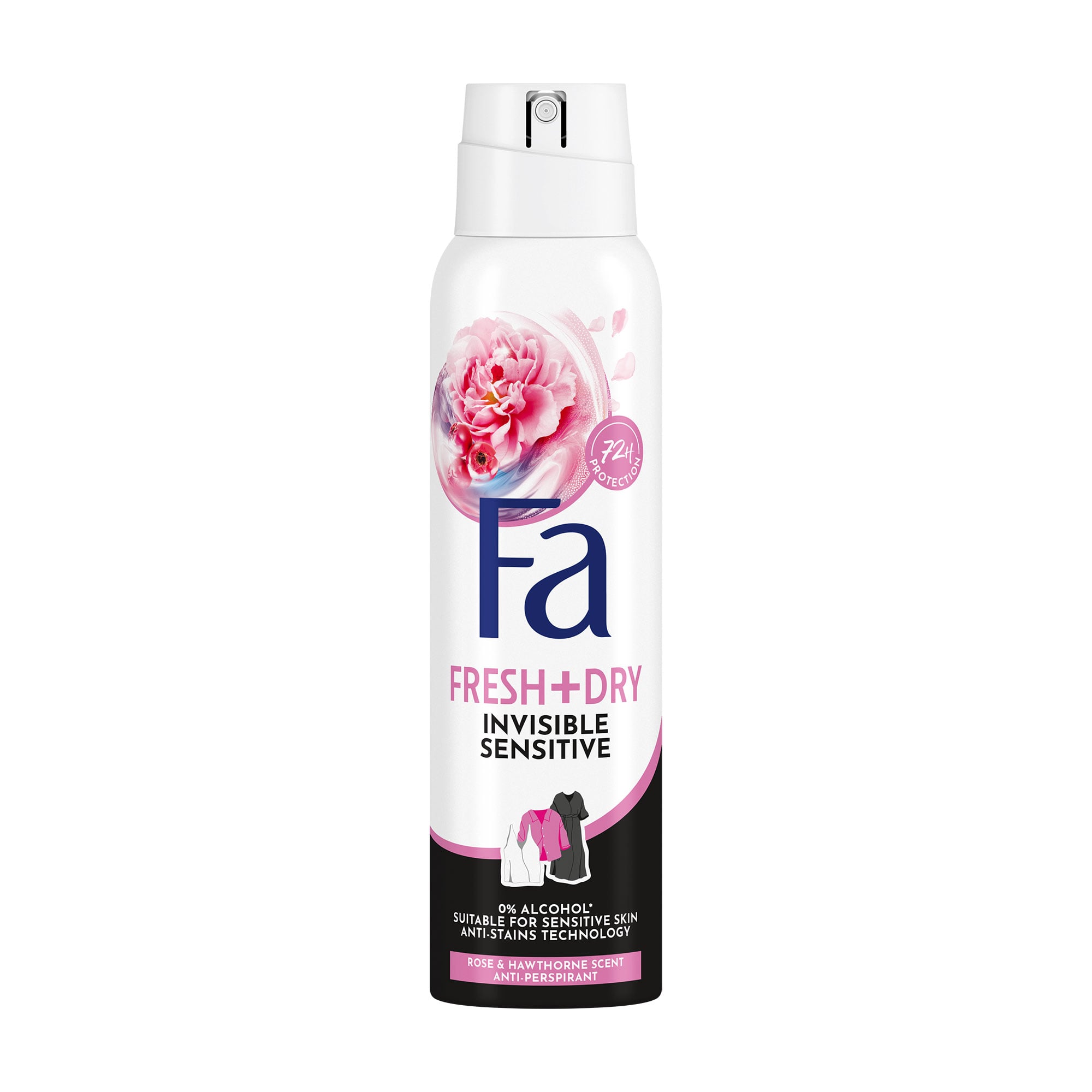 

Антиперспірант-спрей Fa Fresh + Dry Invisible Sensitive 72H з ароматом троянди та глоду, жіночий, 150 мл