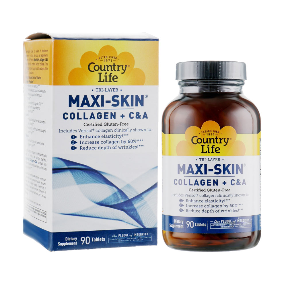 

Колаген + вітаміни А та С Country Life Maxi-Skin Collagen + Vitamins C & A, 90 таблеток