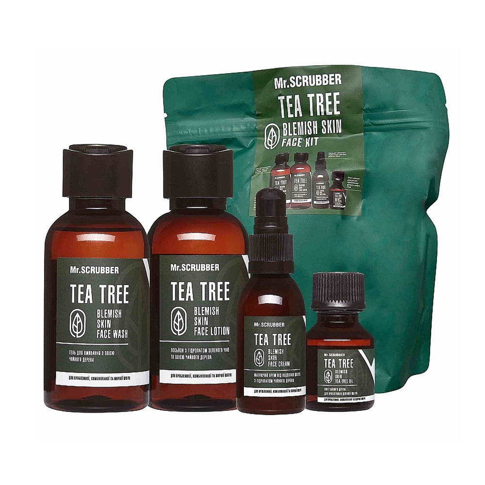 

Набір для обличчя Mr.Scrubber Tea Tree Skin Treatment (гель для вмивання, 125 мл + лосьйон, 125 мл + крем, 55 мл + олія, 15 мл + косметичка)