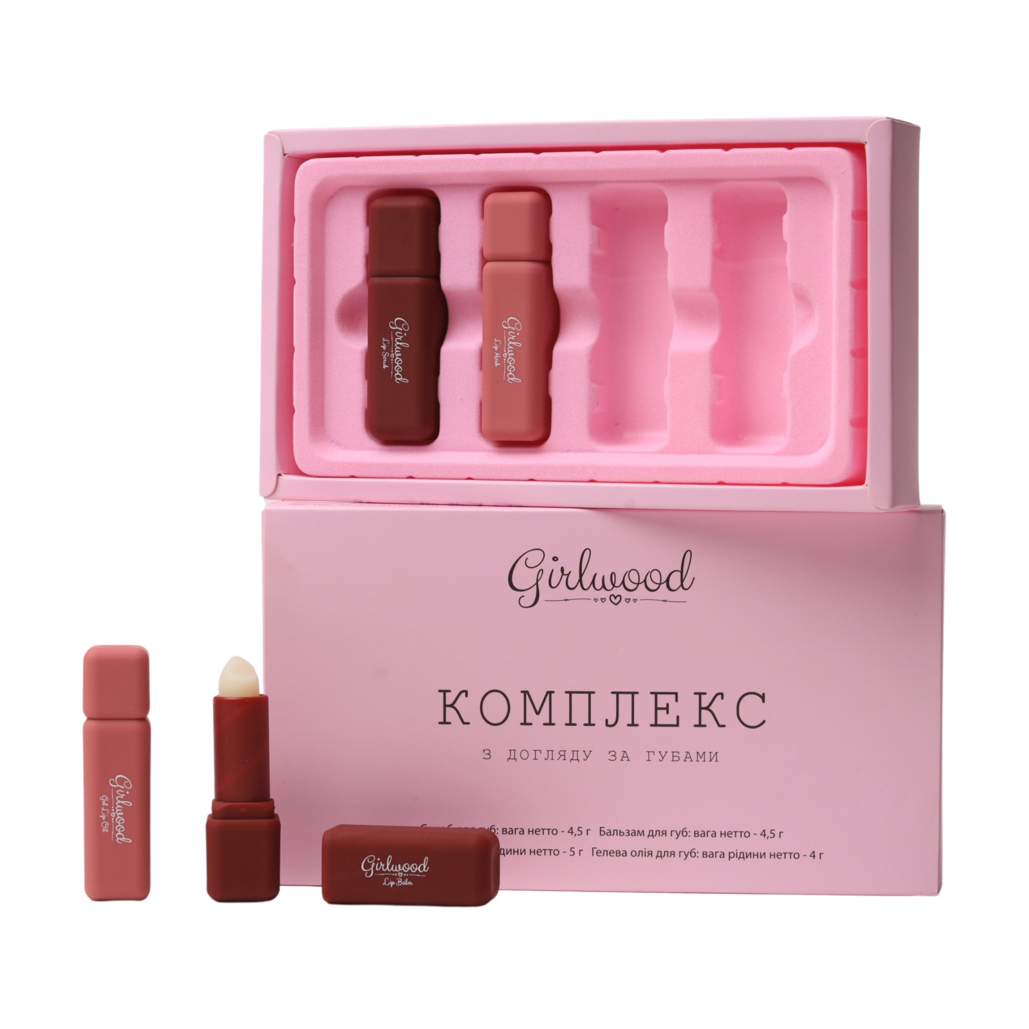 

Набір з догляду за губами Girlwood Lip Care Set (скраб для губ, 4.5 г + бальзам для губ, 4.5 г + маска для губ, 5 г + гелева олія для губ, 4 г)