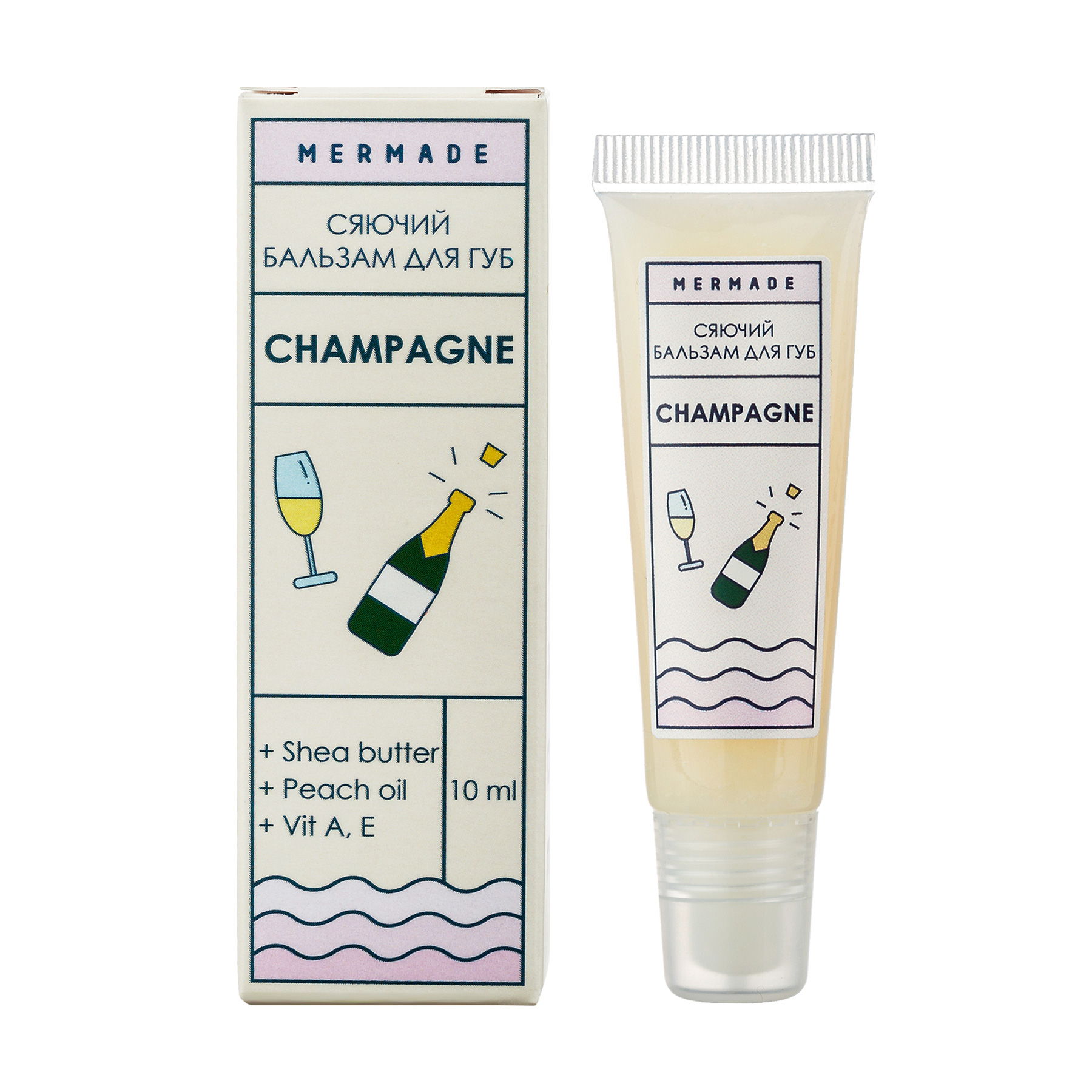 

Сяючий бальзам для губ Mermade Champagne з олією персика та ши, з вітамінами A, E, 10 мл
