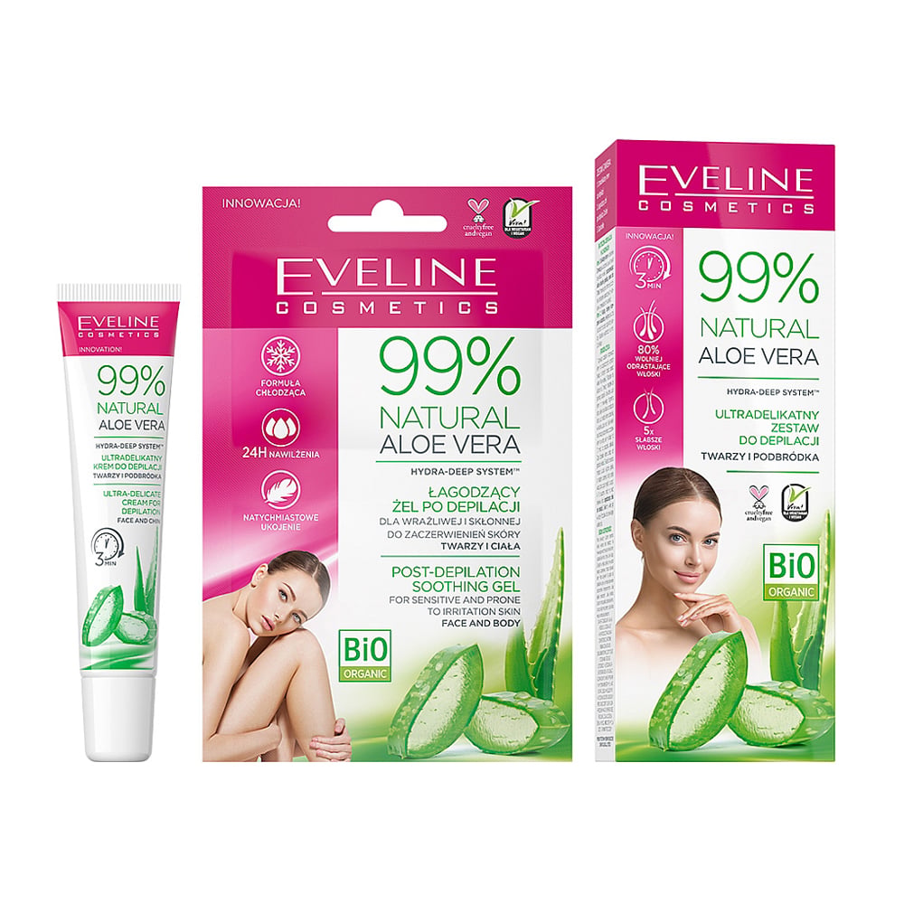 

Набір для депіляції обличчя Eveline Cosmetics 99% Natural Aloe Vera (крем для депіляції, 20 мл + гель після депіляції, 5 мл + шпатель)
