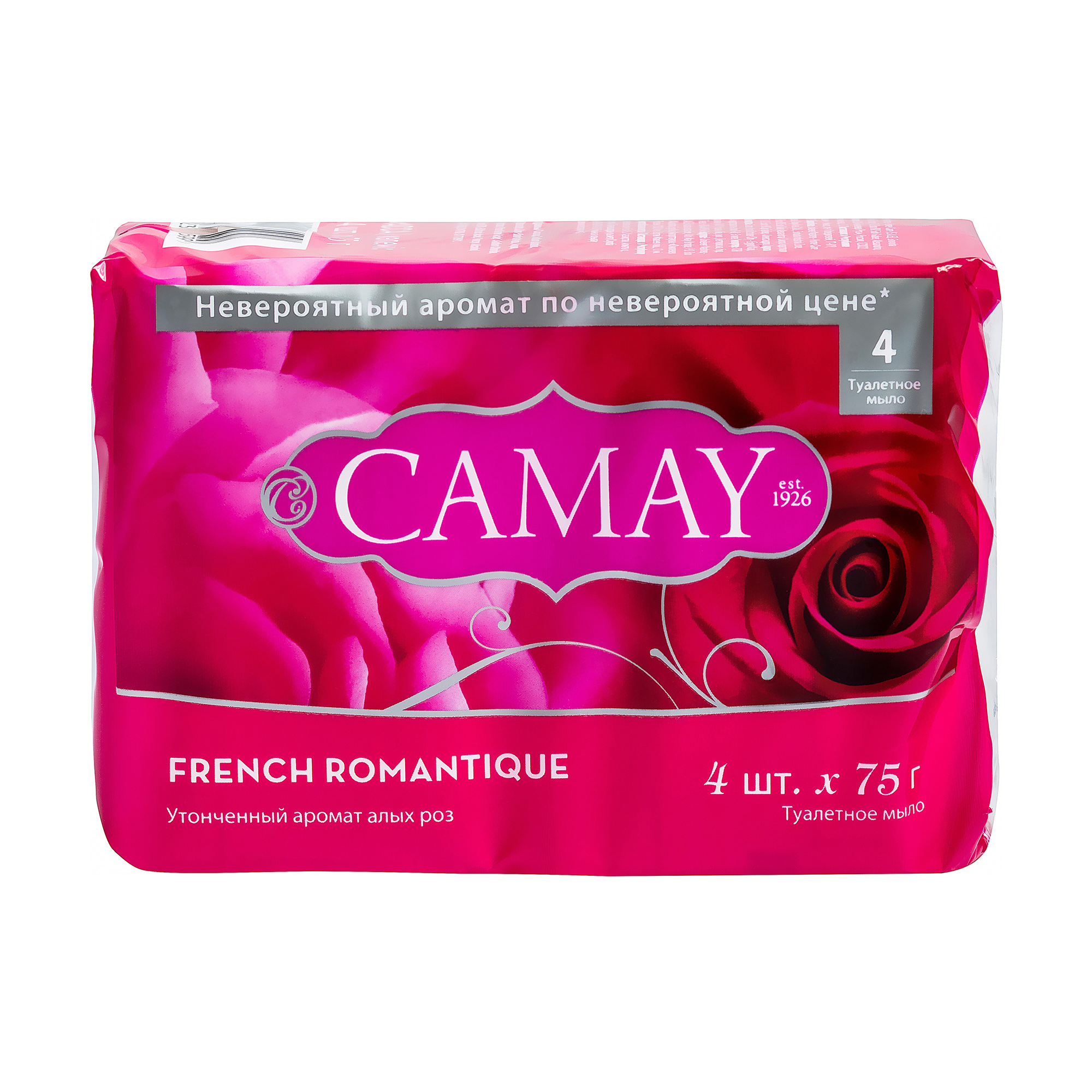 

Подарунок! Тверде мило Camay French Romantique з ароматом алих троянд, 4*75 г (екопак)