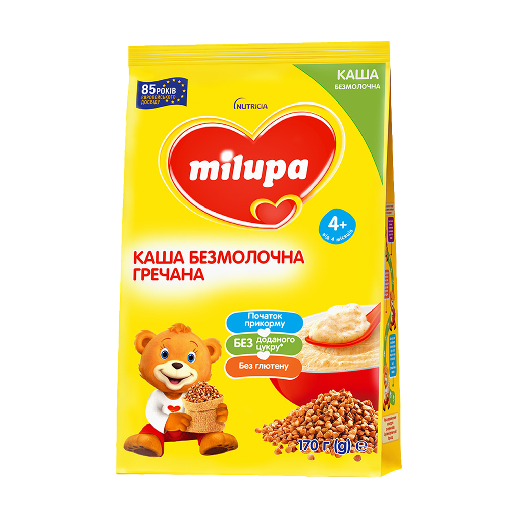 

Дитяча безмолочна гречана каша Milupa суха, швидкорозчинна, від 4 місяців, 170 г