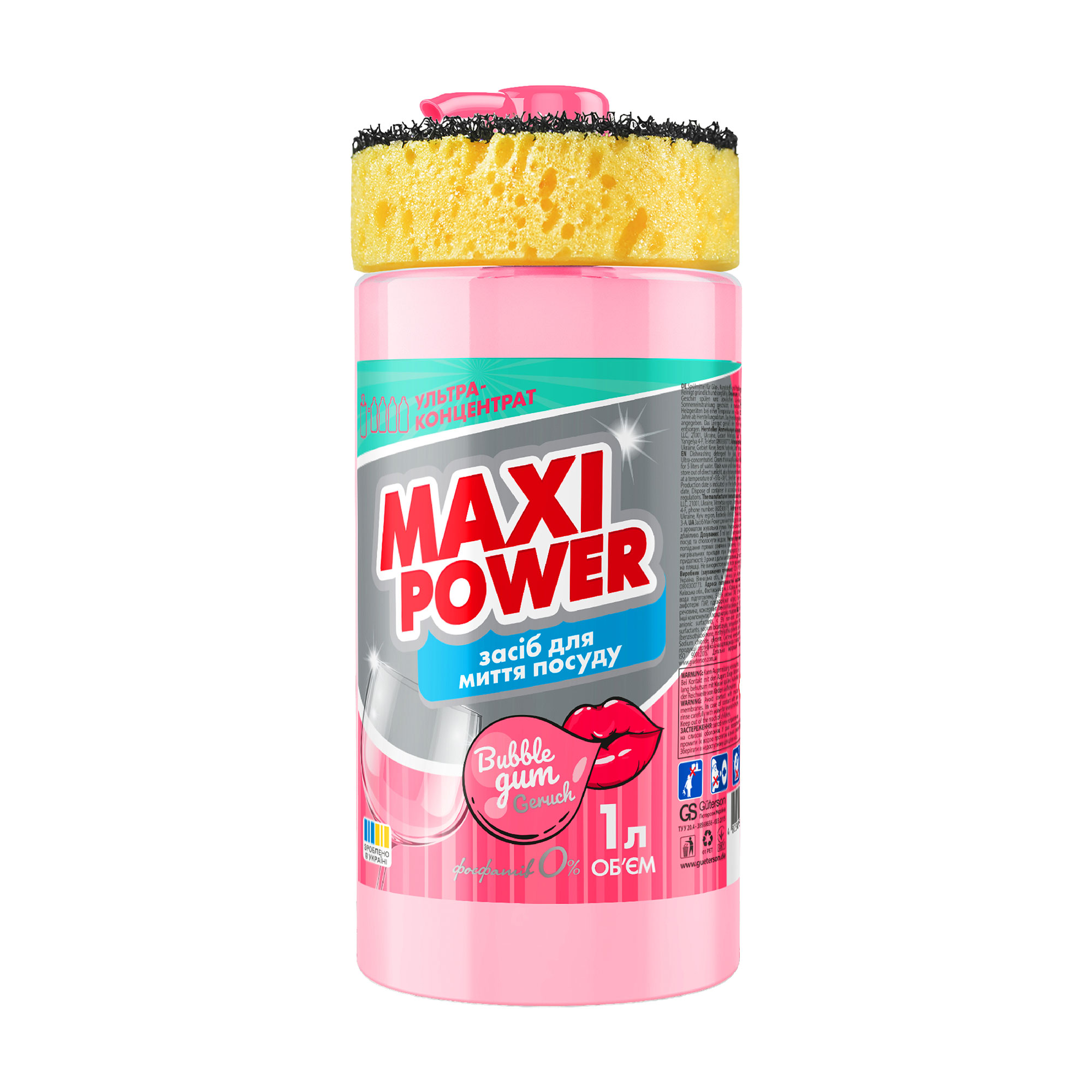 

Засіб для миття посуду Maxi Power Бабл гам, з губкою, 1 л