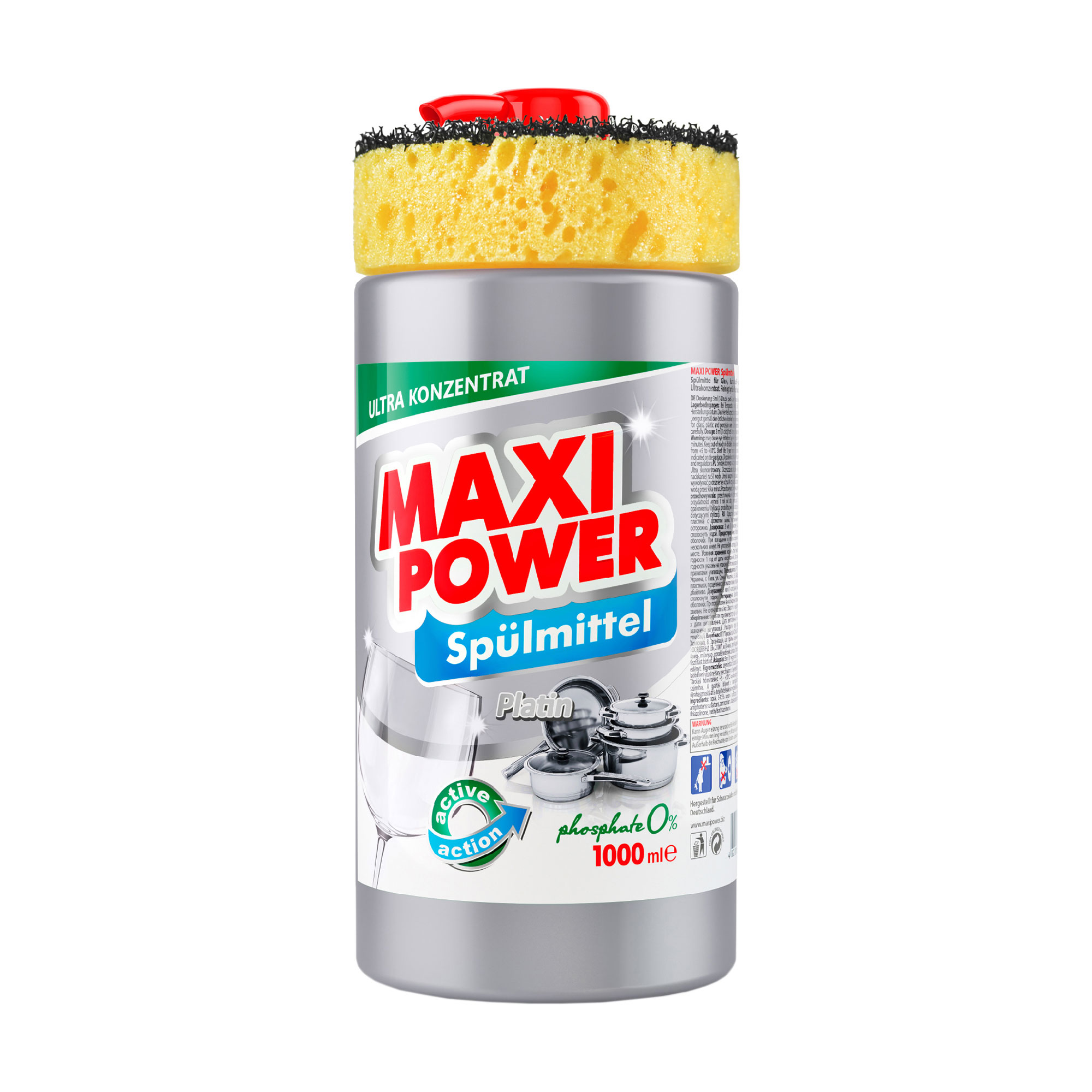 

Засіб для миття посуду Maxi Power Платинум, з губкою, 1 л
