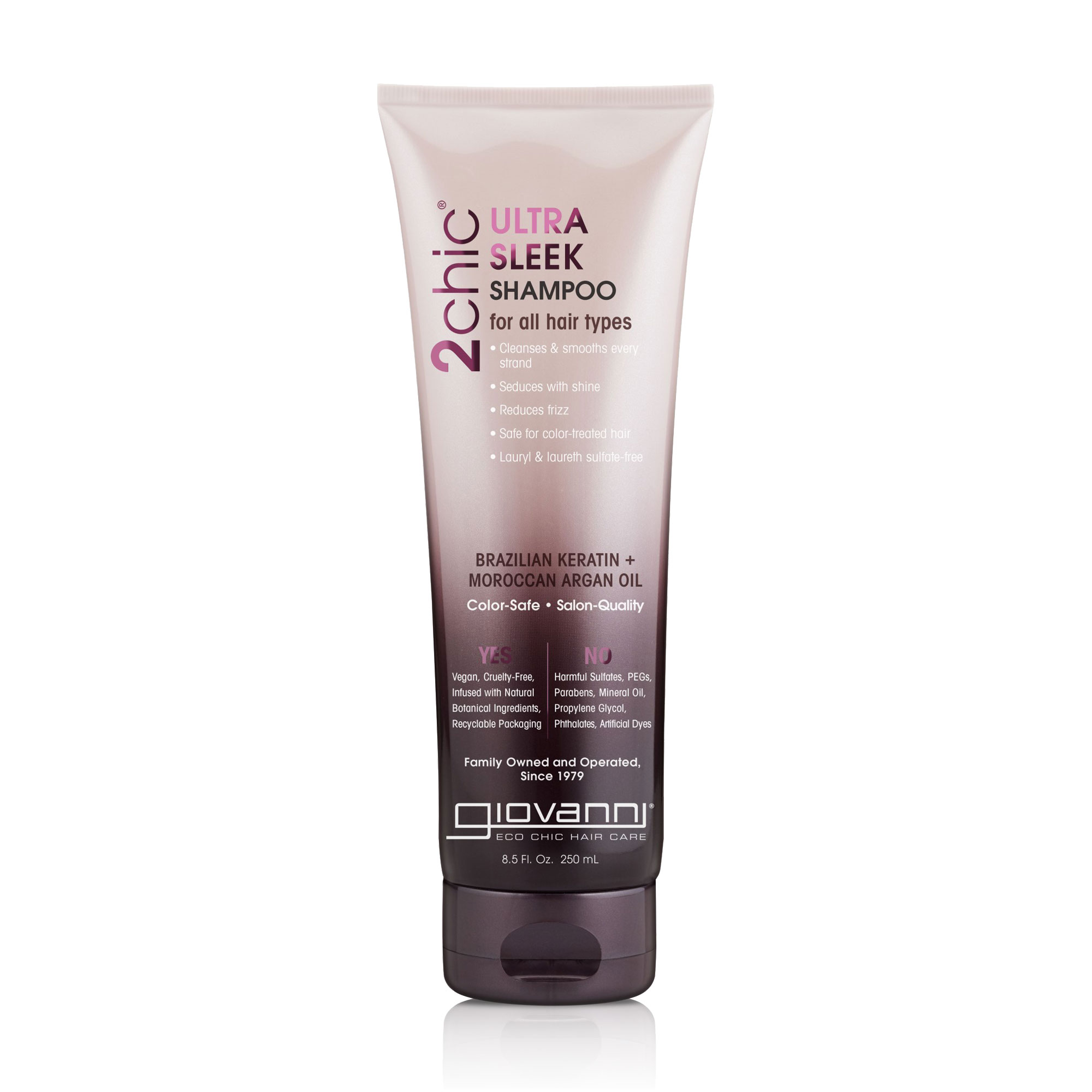 

Шампунь Giovanni 2chic Ultra-Sleek Shampoo Ультра сяяння, для всіх типів волосся, з аргановою олією та бразильским кератином, 250 мл