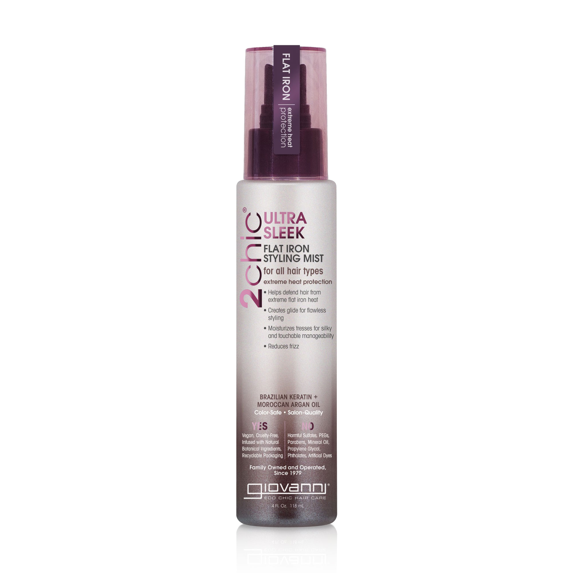 

Термозахисний спрей Giovanni 2chic Ultra-Sleek Flat Iron Styling Mist для всіх типів волосся, з аргановою олією та бразильским кератином, 118 мл
