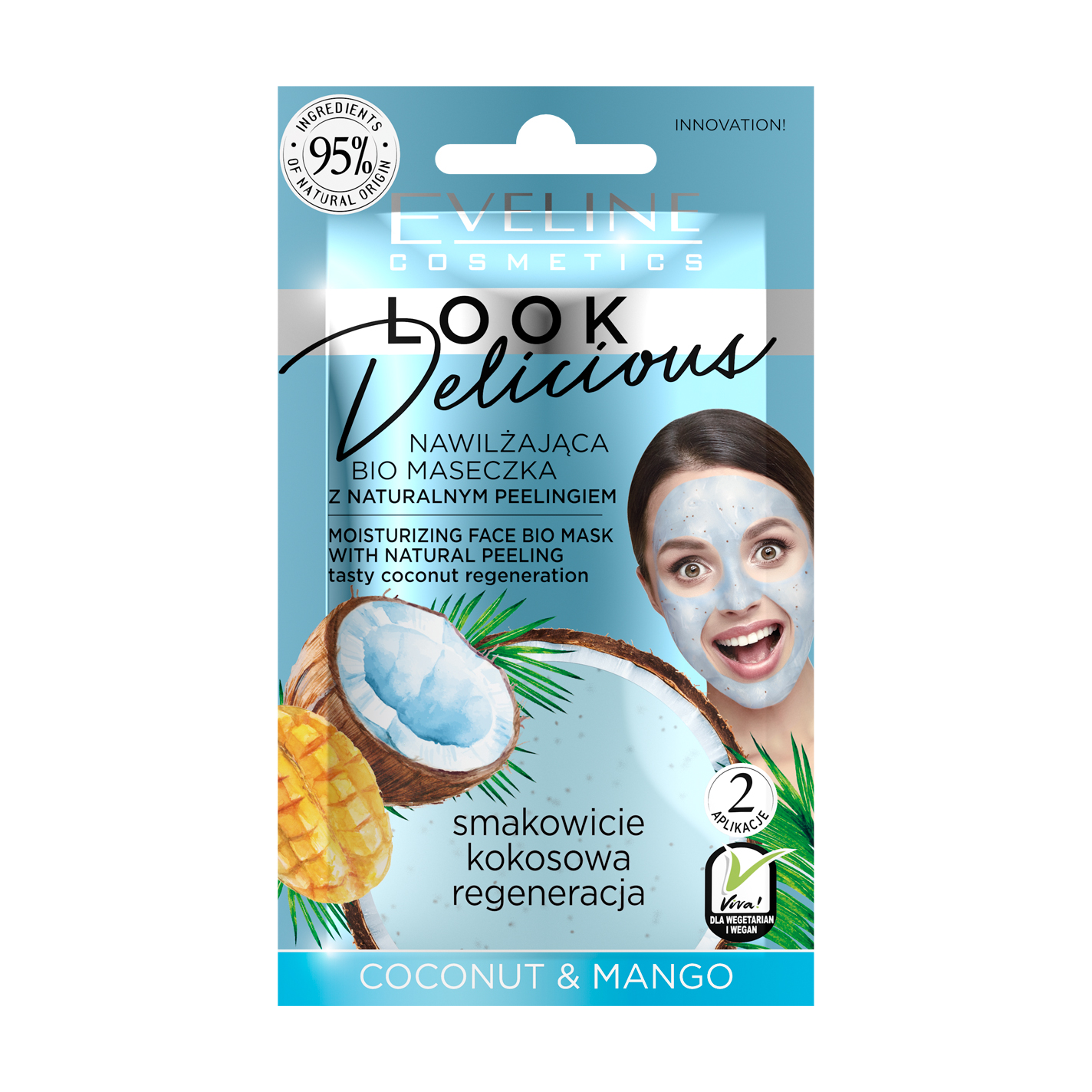 

Зволожувальна біомаска з натуральним пілінгом Eveline Cosmetics Look Delicious Кокос та манго, 10 мл
