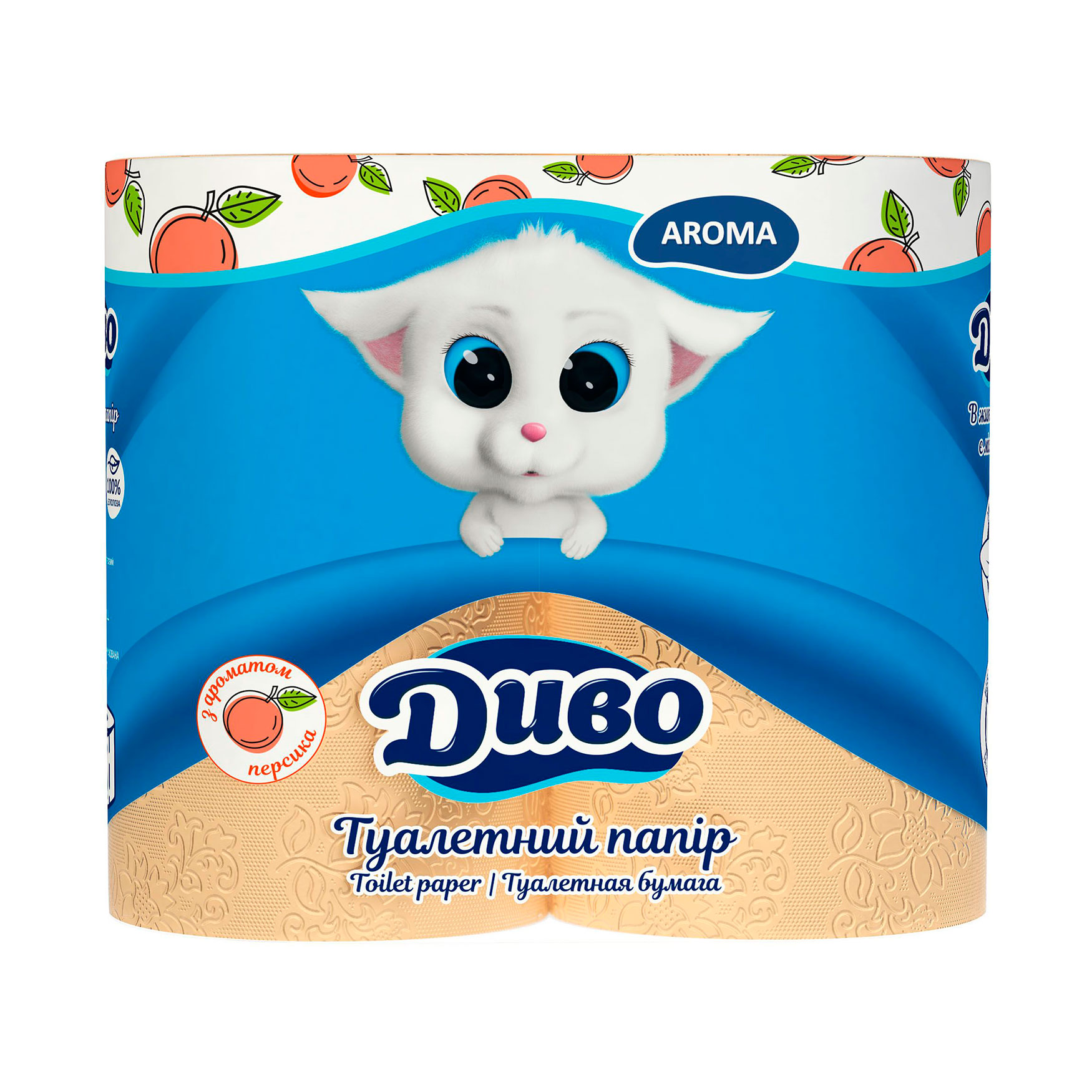 

Туалетний папір Диво Aroma з ароматом персика, 2х-шаровий, 150 відривів, 4 шт